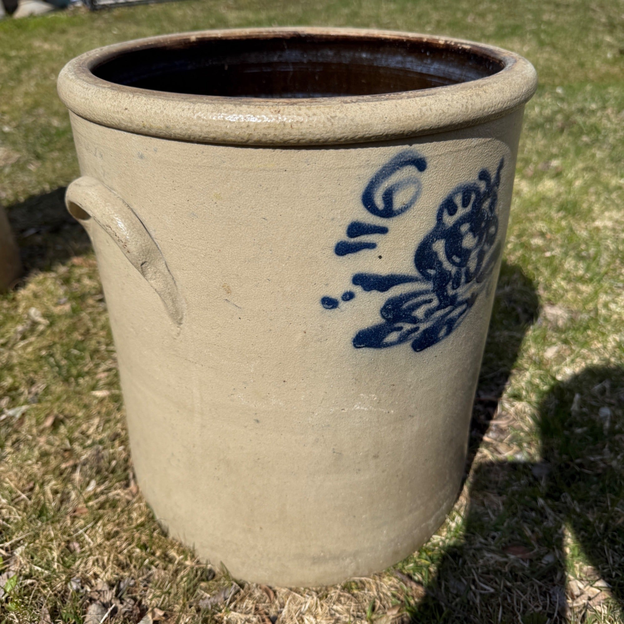 1800s Antique 6 Gallon Salt Glaze Stoneware Crock Cobalt Decorated Flower Akron Ohio