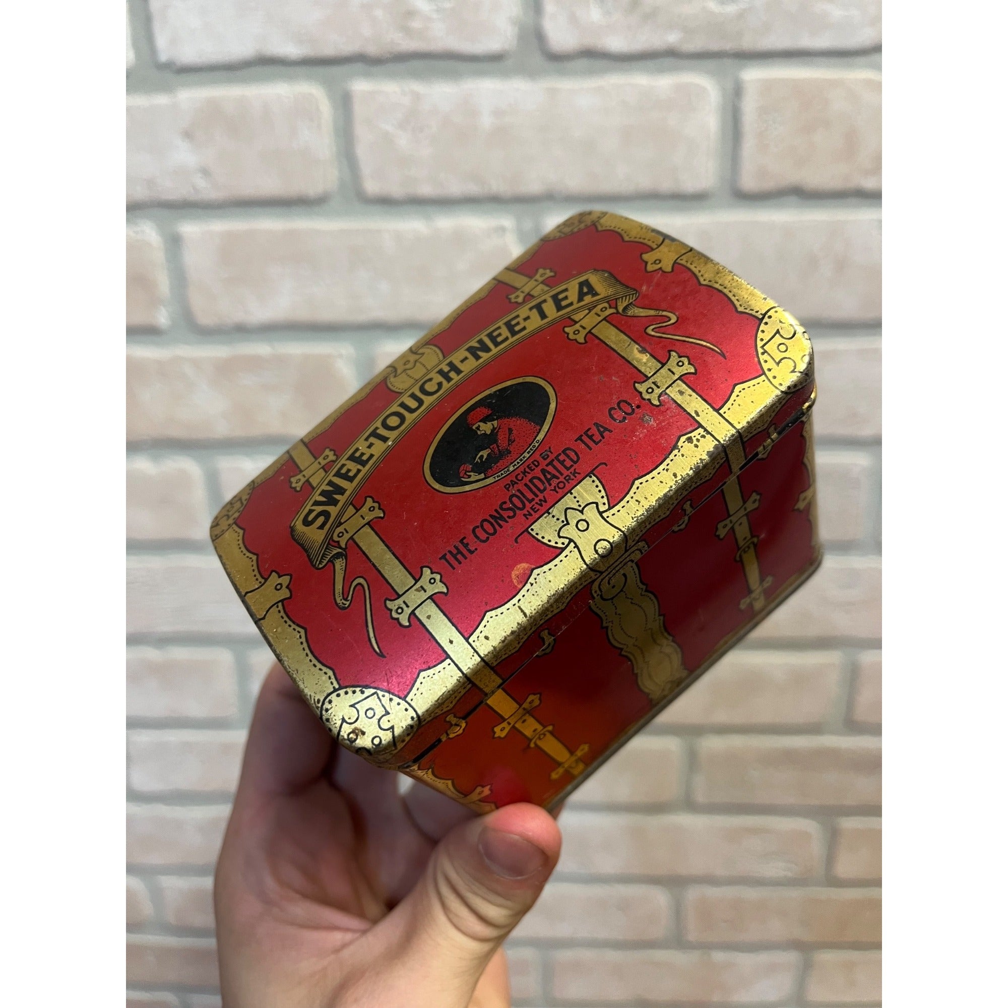 Vintage 1930s Sweet Touch Nee Tea Consolidated Co. Tin Treasure Chest Tin Litho Can Kitchen Decor
