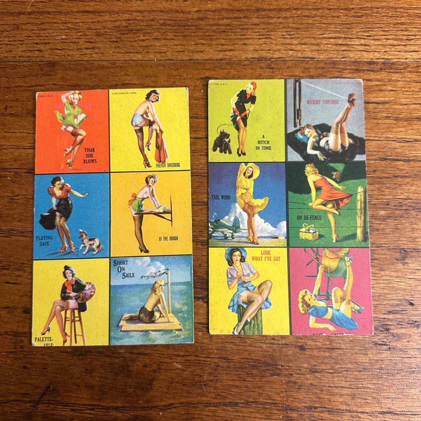 (2) Mutoscope Pinup Model Girls Litho Artwork Cards Postcards 3.25" x 5.5"