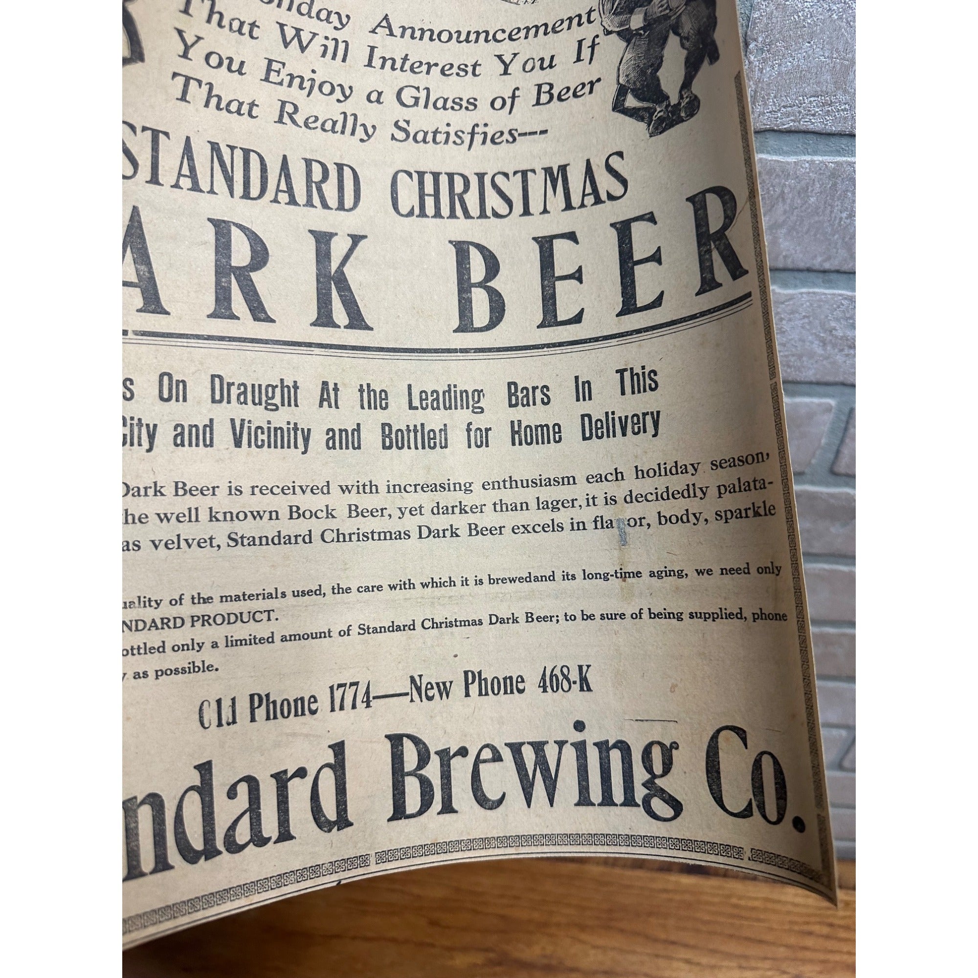 1912 - STANDARD BREWING CO. - SCRANTON PA - CHRISTMAS DARK BEER - PAPER AD