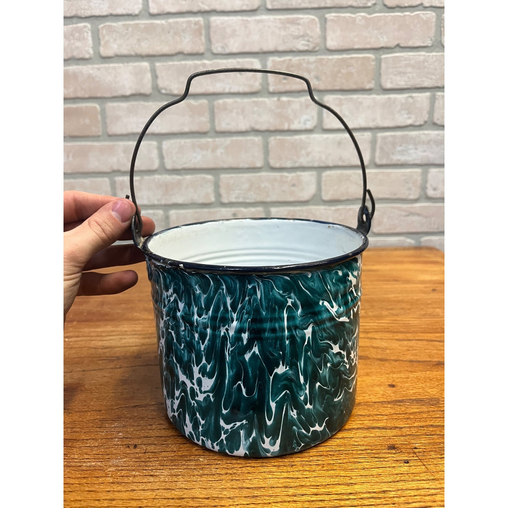 Antique Primitive Green & White Swirl Graniteware Handled Lunch Pail Berry Pail Farmhouse Decor, No Lid