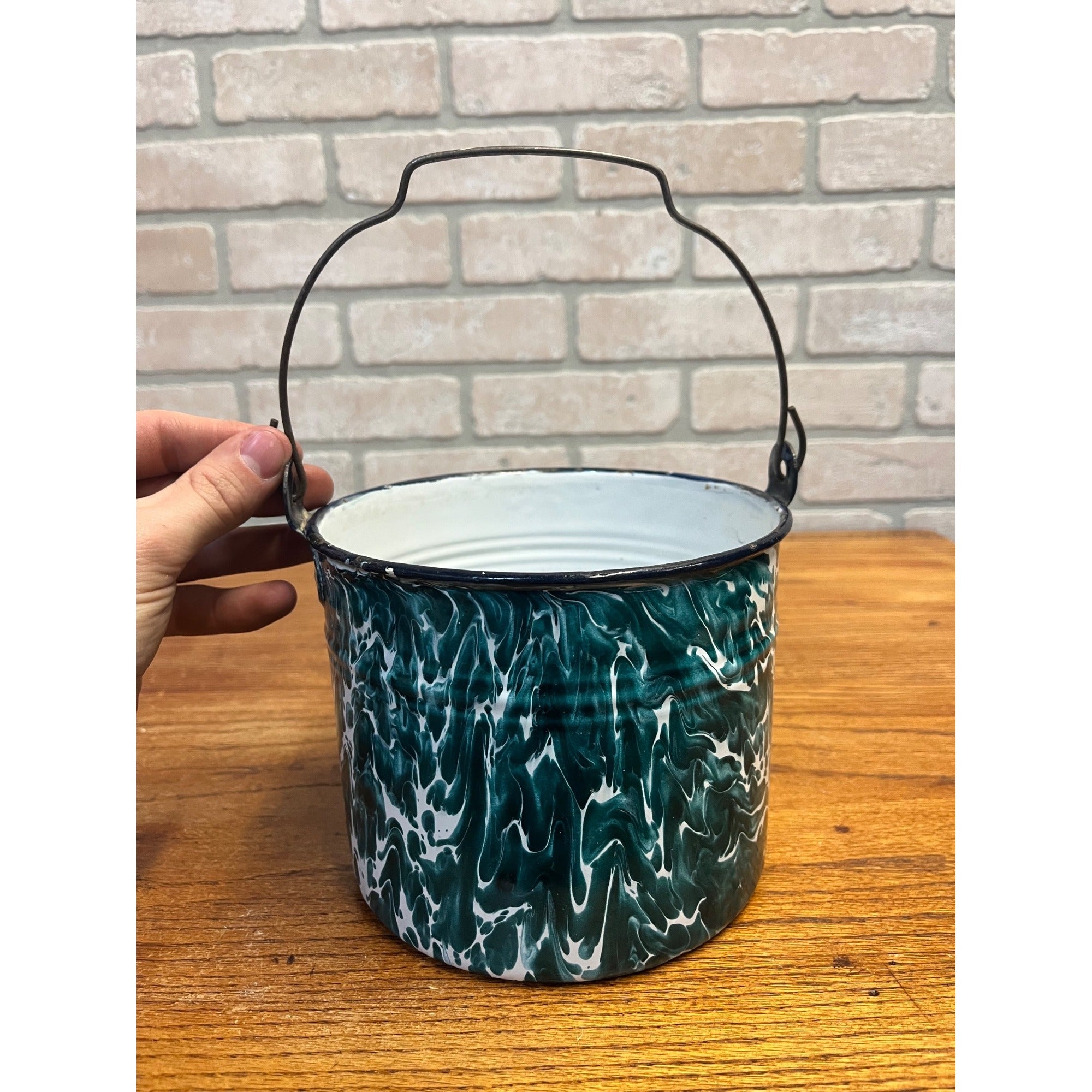 Antique Primitive Green & White Swirl Graniteware Handled Lunch Pail Berry Pail Farmhouse Decor, No Lid