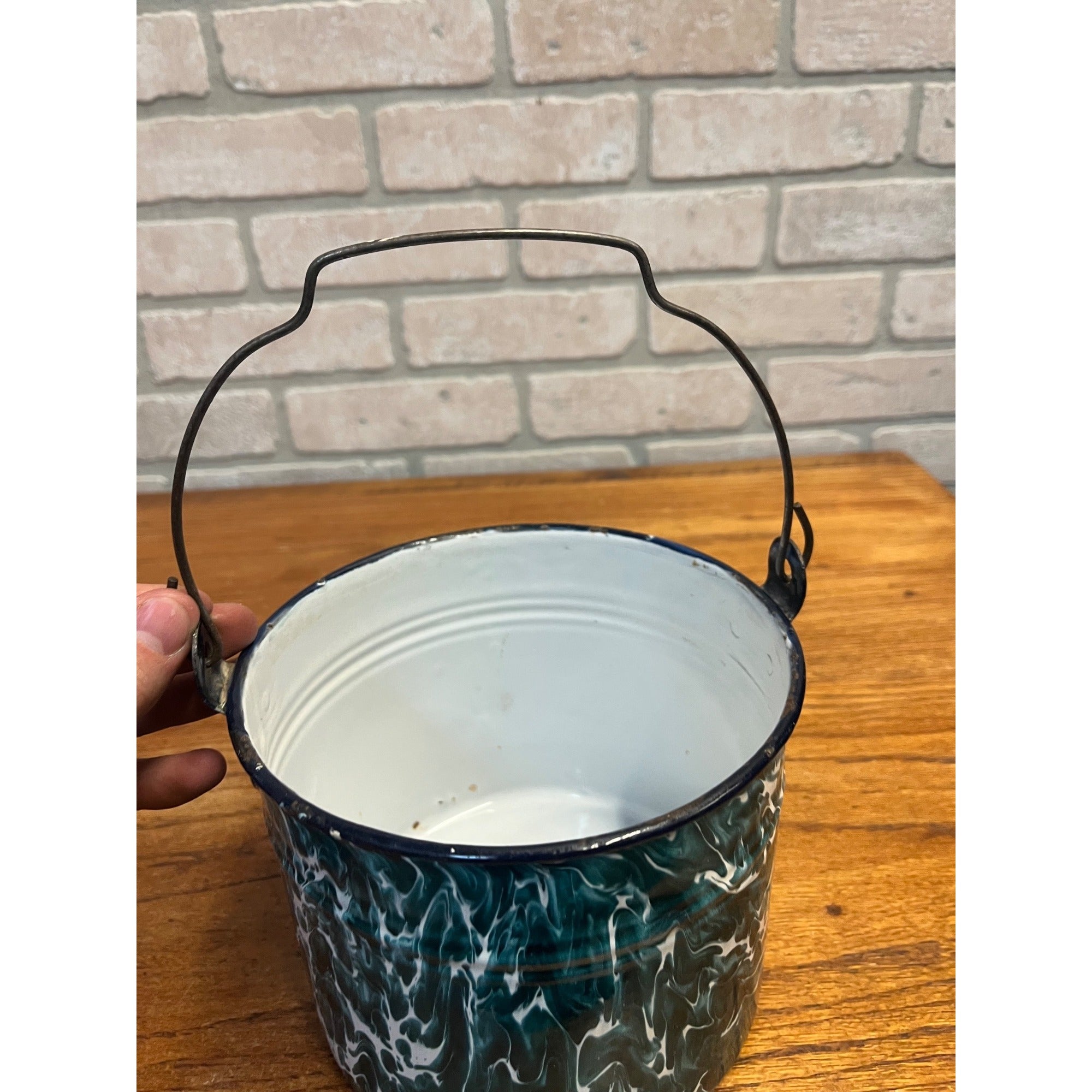 Antique Primitive Green & White Swirl Graniteware Handled Lunch Pail Berry Pail Farmhouse Decor, No Lid