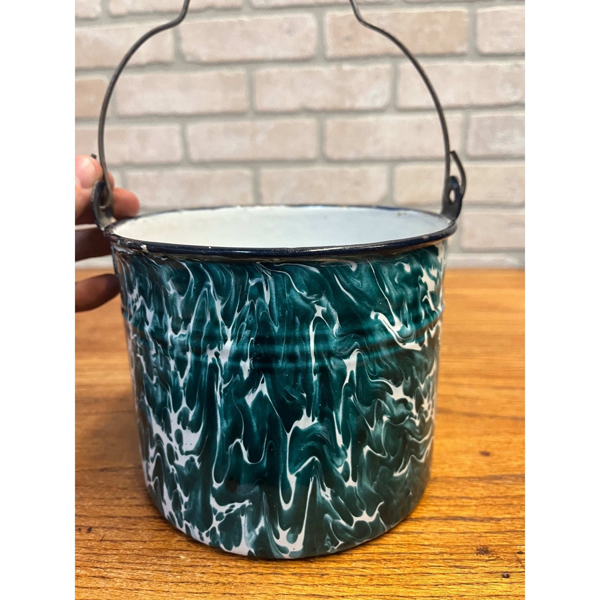 Antique Primitive Green & White Swirl Graniteware Handled Lunch Pail Berry Pail Farmhouse Decor, No Lid