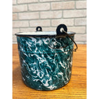 Antique Primitive Green & White Swirl Graniteware Handled Lunch Pail Berry Pail Farmhouse Decor, No Lid