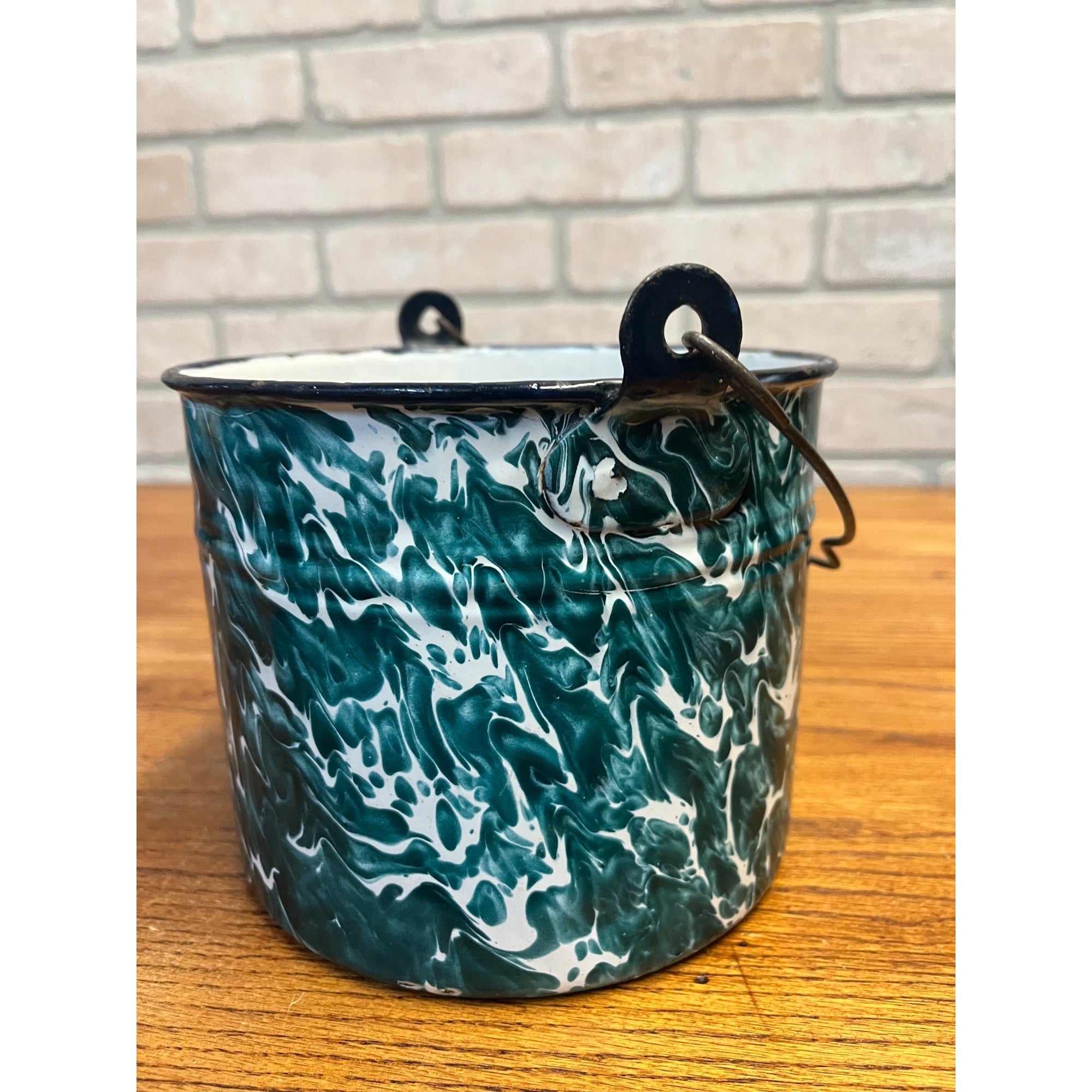 Antique Primitive Green & White Swirl Graniteware Handled Lunch Pail Berry Pail Farmhouse Decor, No Lid