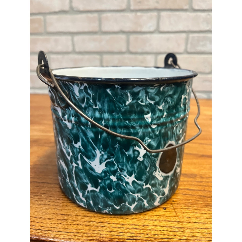 Antique Primitive Green & White Swirl Graniteware Handled Lunch Pail Berry Pail Farmhouse Decor, No Lid