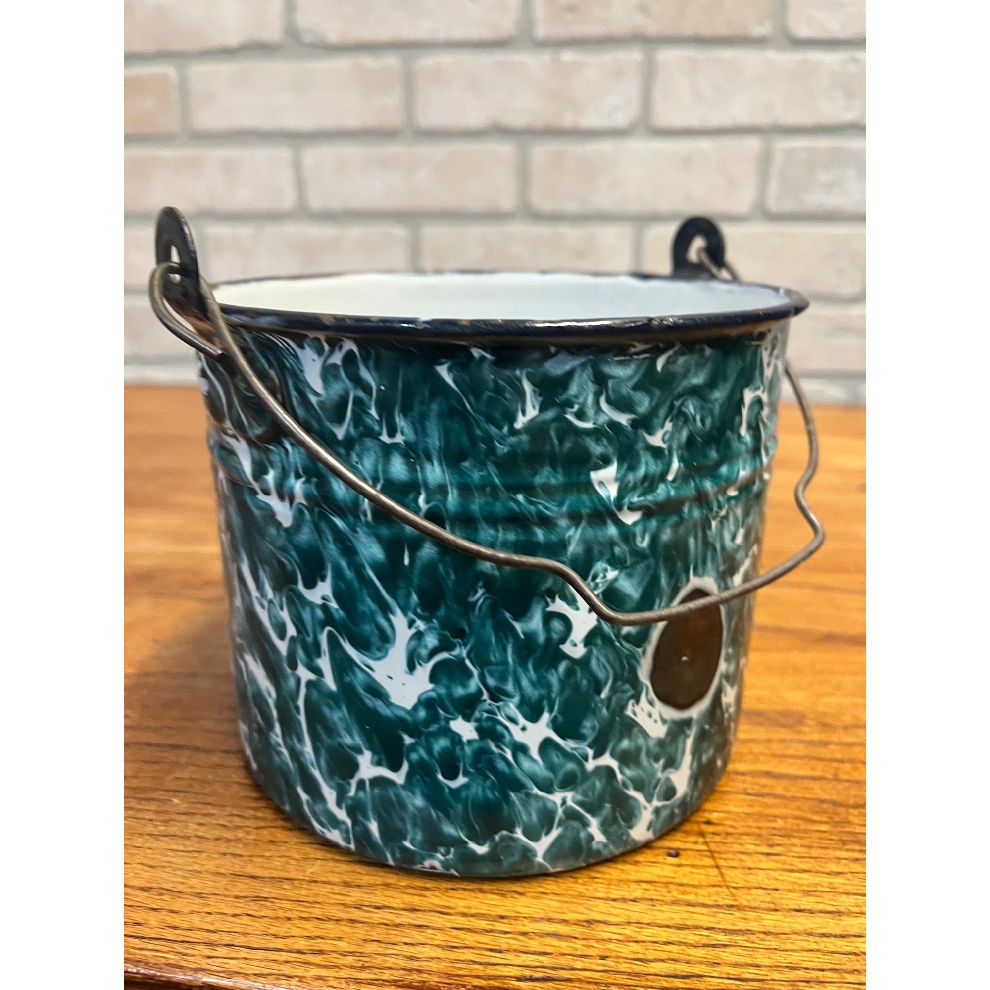 Antique Primitive Green & White Swirl Graniteware Handled Lunch Pail Berry Pail Farmhouse Decor, No Lid