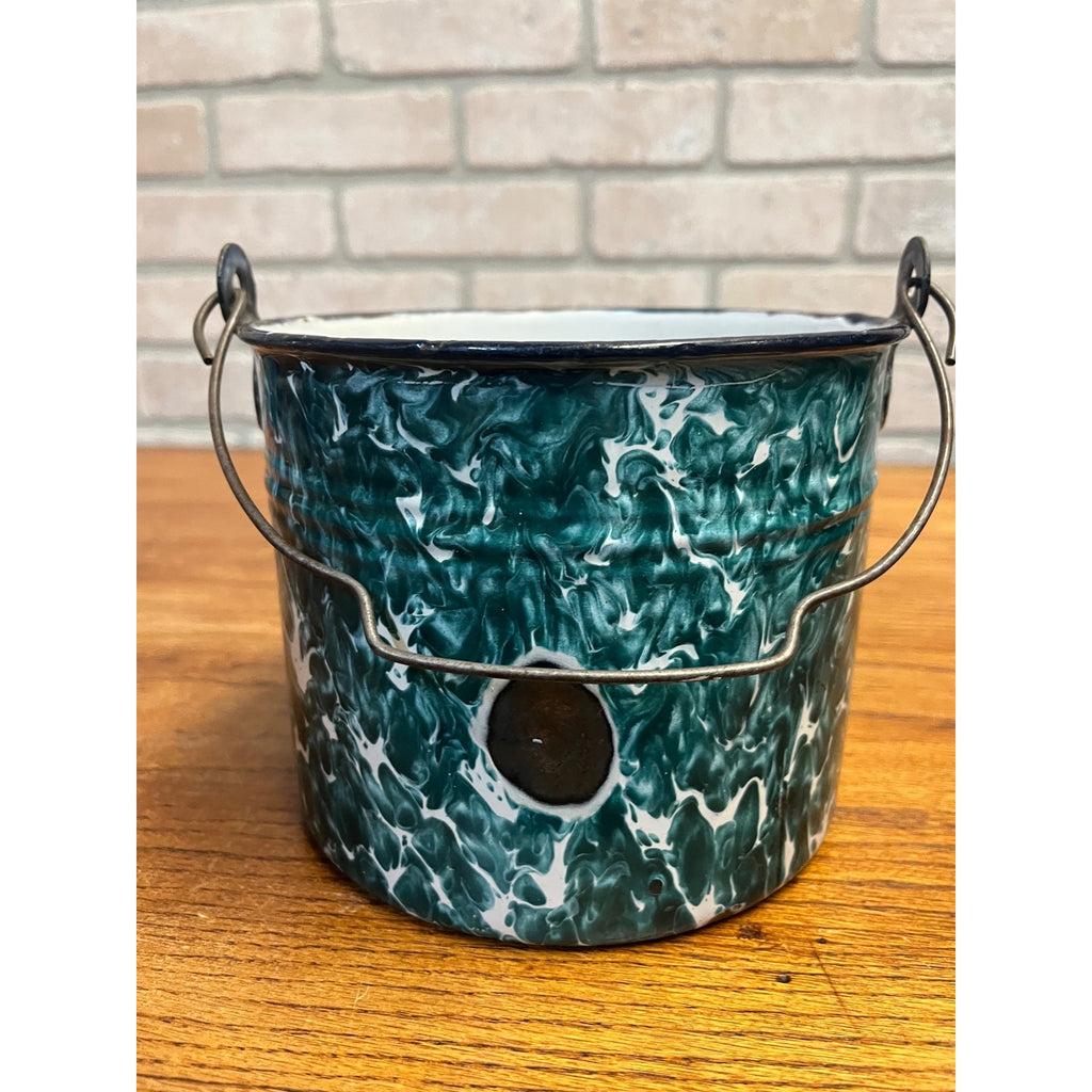 Antique Primitive Green & White Swirl Graniteware Handled Lunch Pail Berry Pail Farmhouse Decor, No Lid