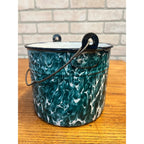 Antique Primitive Green & White Swirl Graniteware Handled Lunch Pail Berry Pail Farmhouse Decor, No Lid