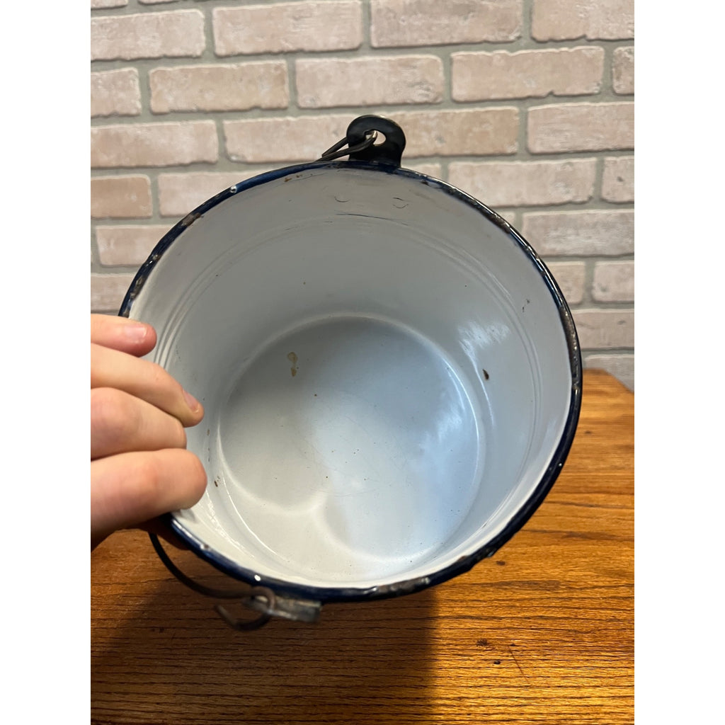 Antique Primitive Green & White Swirl Graniteware Handled Lunch Pail Berry Pail Farmhouse Decor, No Lid