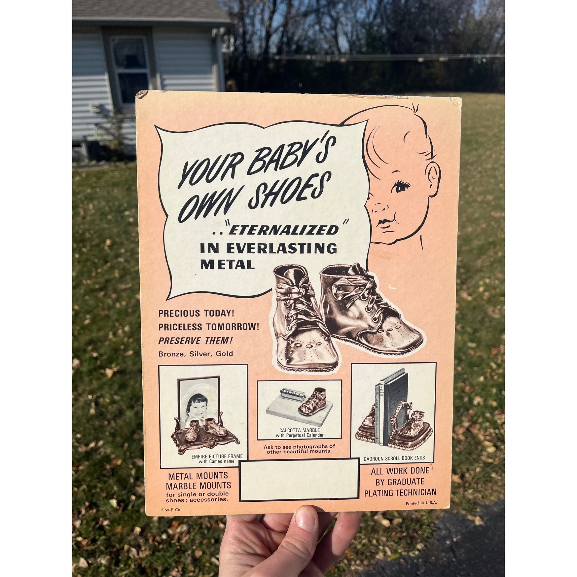 Vintage Electroplating Baby Shoes Cardboard Advertising Easelback Sign Store Display