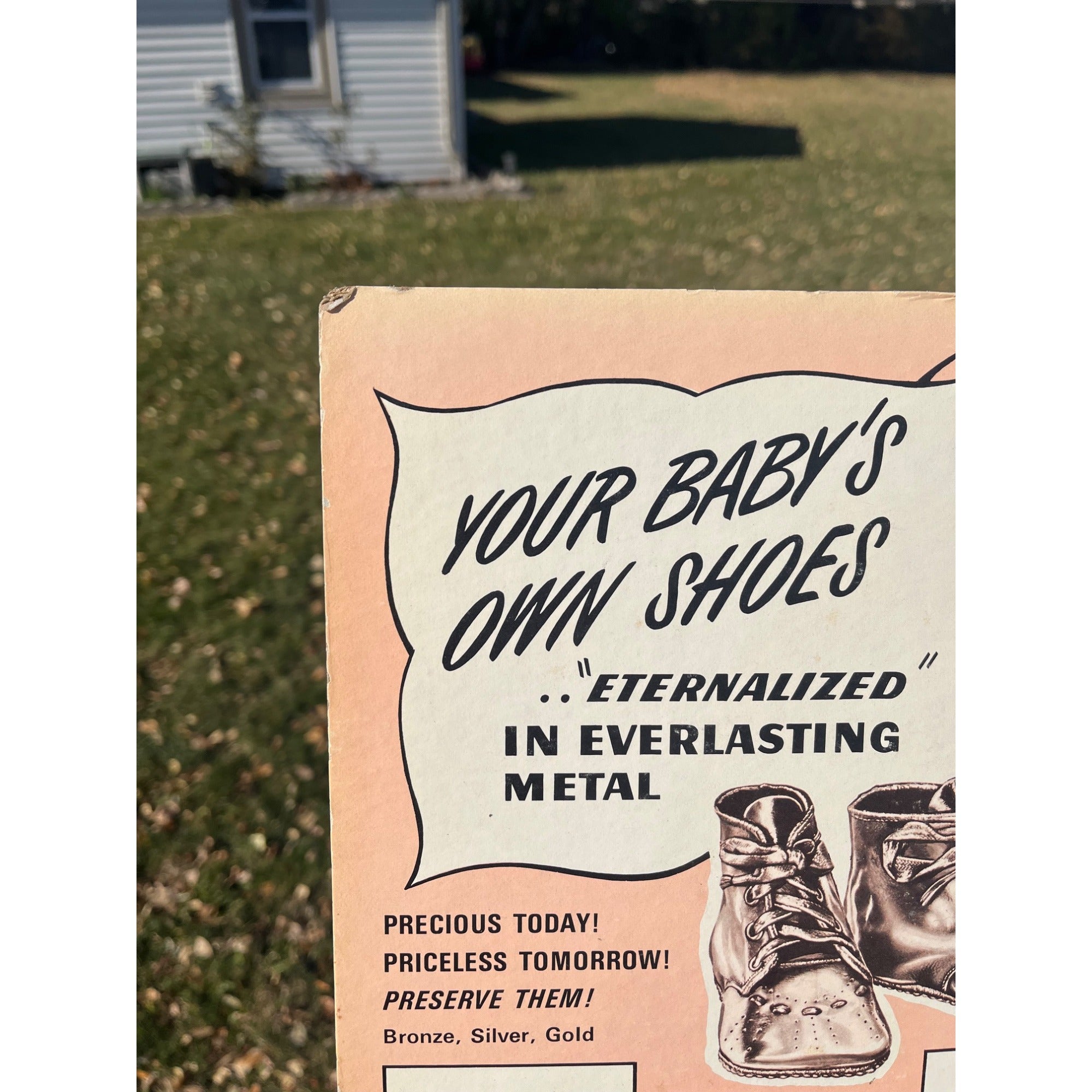 Vintage Electroplating Baby Shoes Cardboard Advertising Easelback Sign Store Display