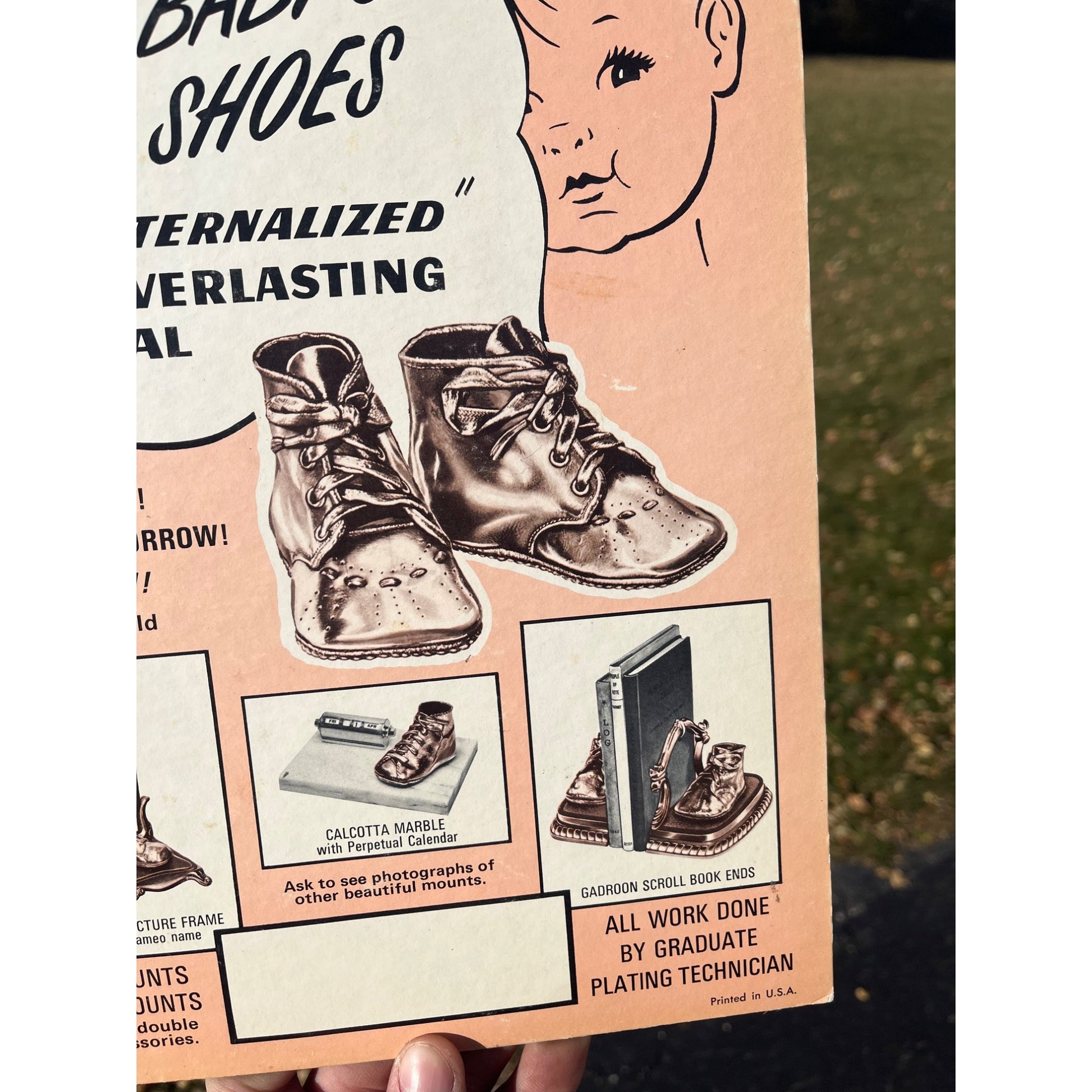 Vintage Electroplating Baby Shoes Cardboard Advertising Easelback Sign Store Display