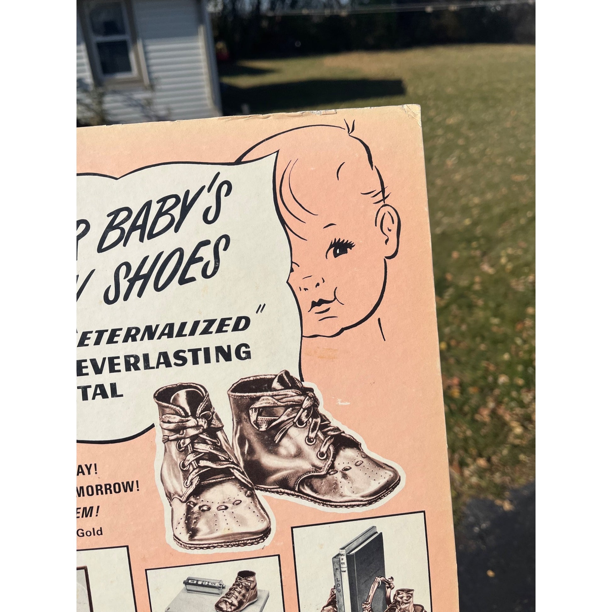 Vintage Electroplating Baby Shoes Cardboard Advertising Easelback Sign Store Display