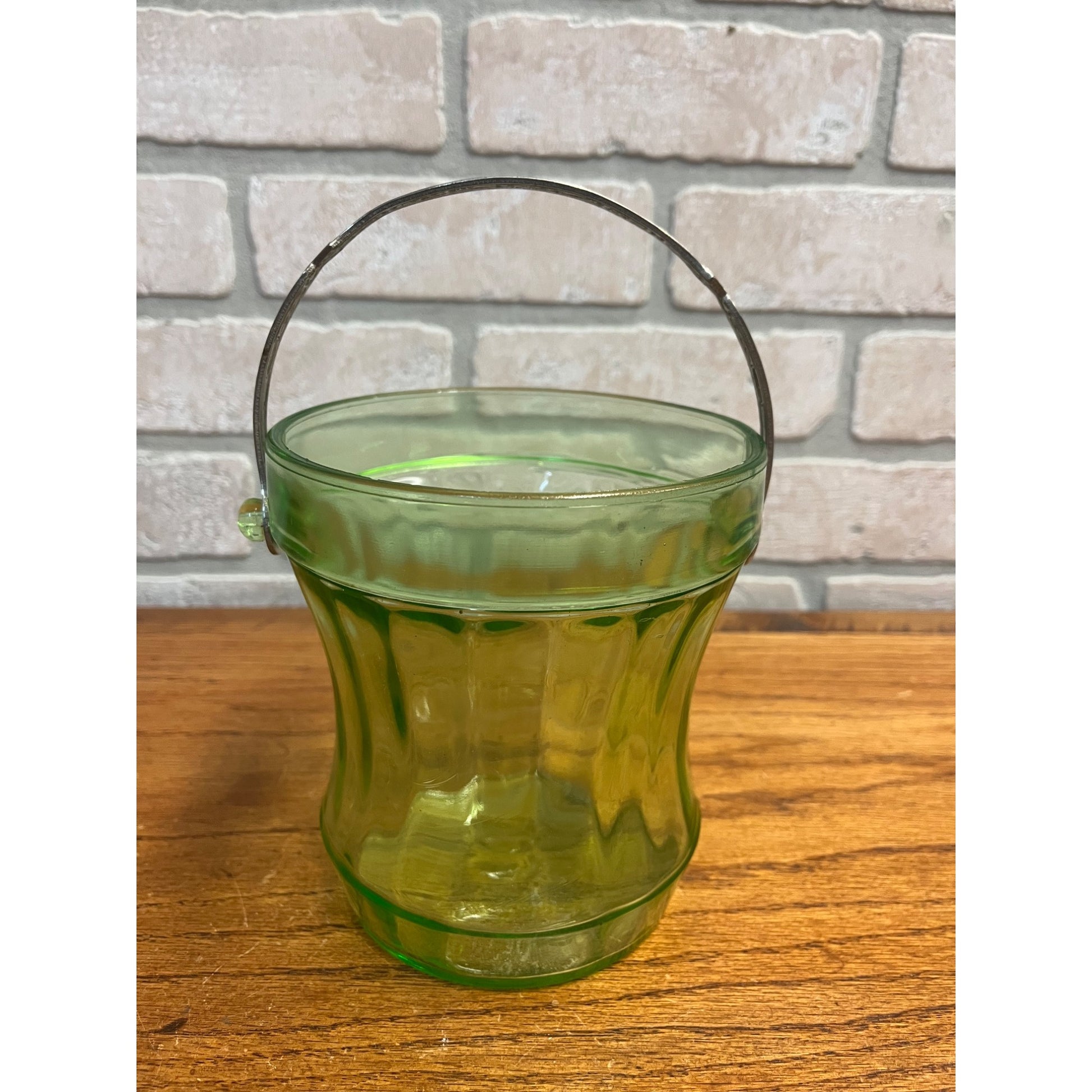 Vintage Uranium Green Glass Ice Bucket w/ Etched SIlver Handle - AS-IS