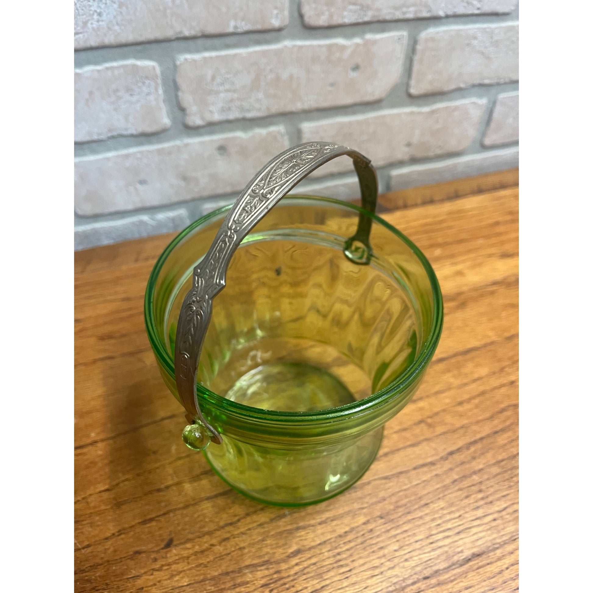 Vintage Uranium Green Glass Ice Bucket w/ Etched SIlver Handle - AS-IS