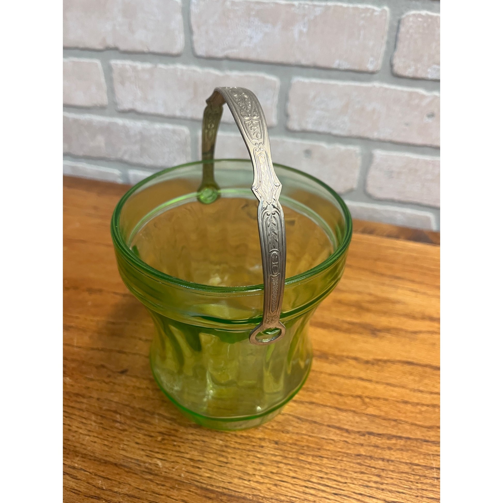 Vintage Uranium Green Glass Ice Bucket w/ Etched SIlver Handle - AS-IS