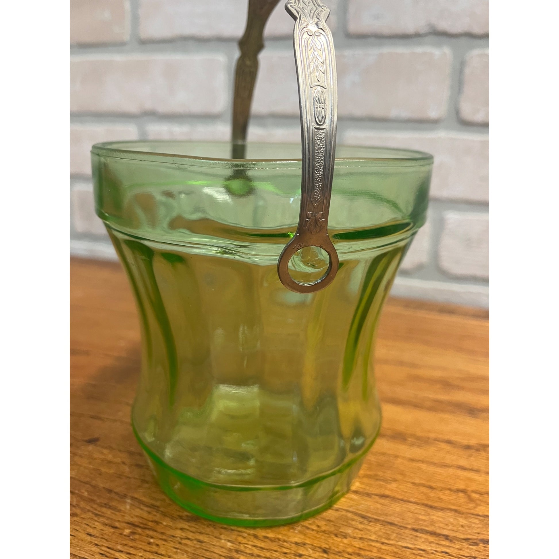 Vintage Uranium Green Glass Ice Bucket w/ Etched SIlver Handle - AS-IS
