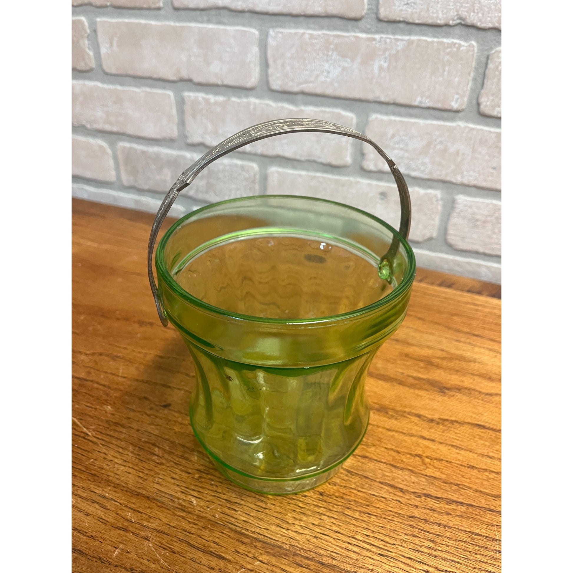 Vintage Uranium Green Glass Ice Bucket w/ Etched SIlver Handle - AS-IS