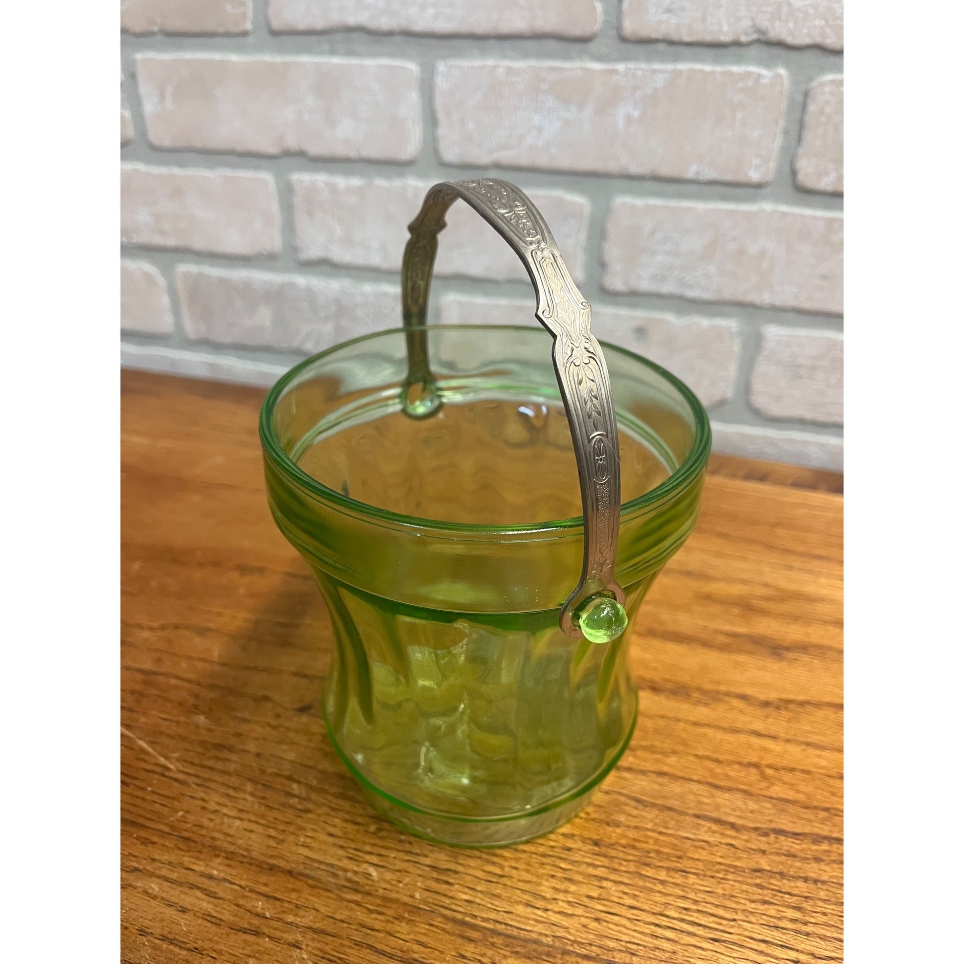 Vintage Uranium Green Glass Ice Bucket w/ Etched SIlver Handle - AS-IS