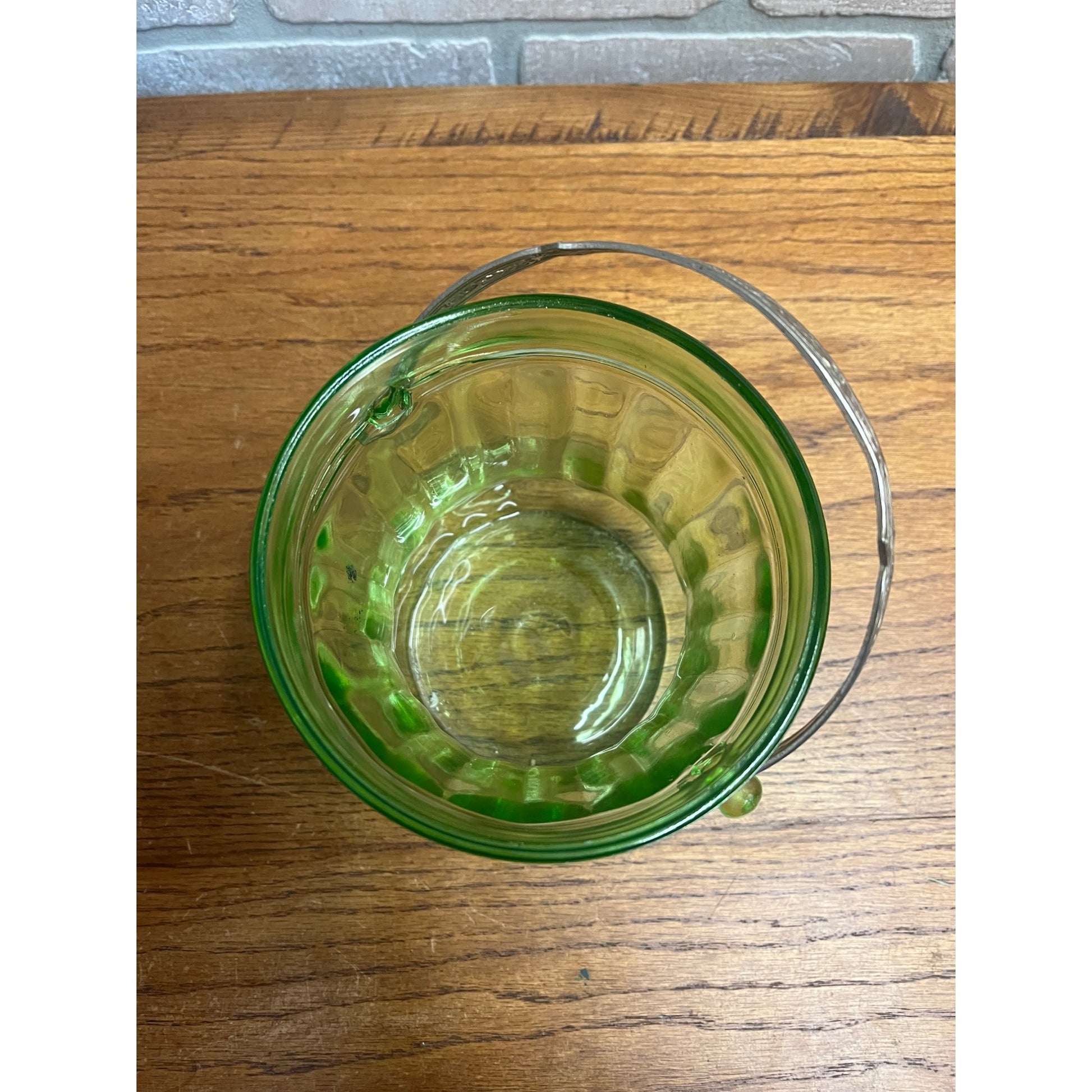 Vintage Uranium Green Glass Ice Bucket w/ Etched SIlver Handle - AS-IS