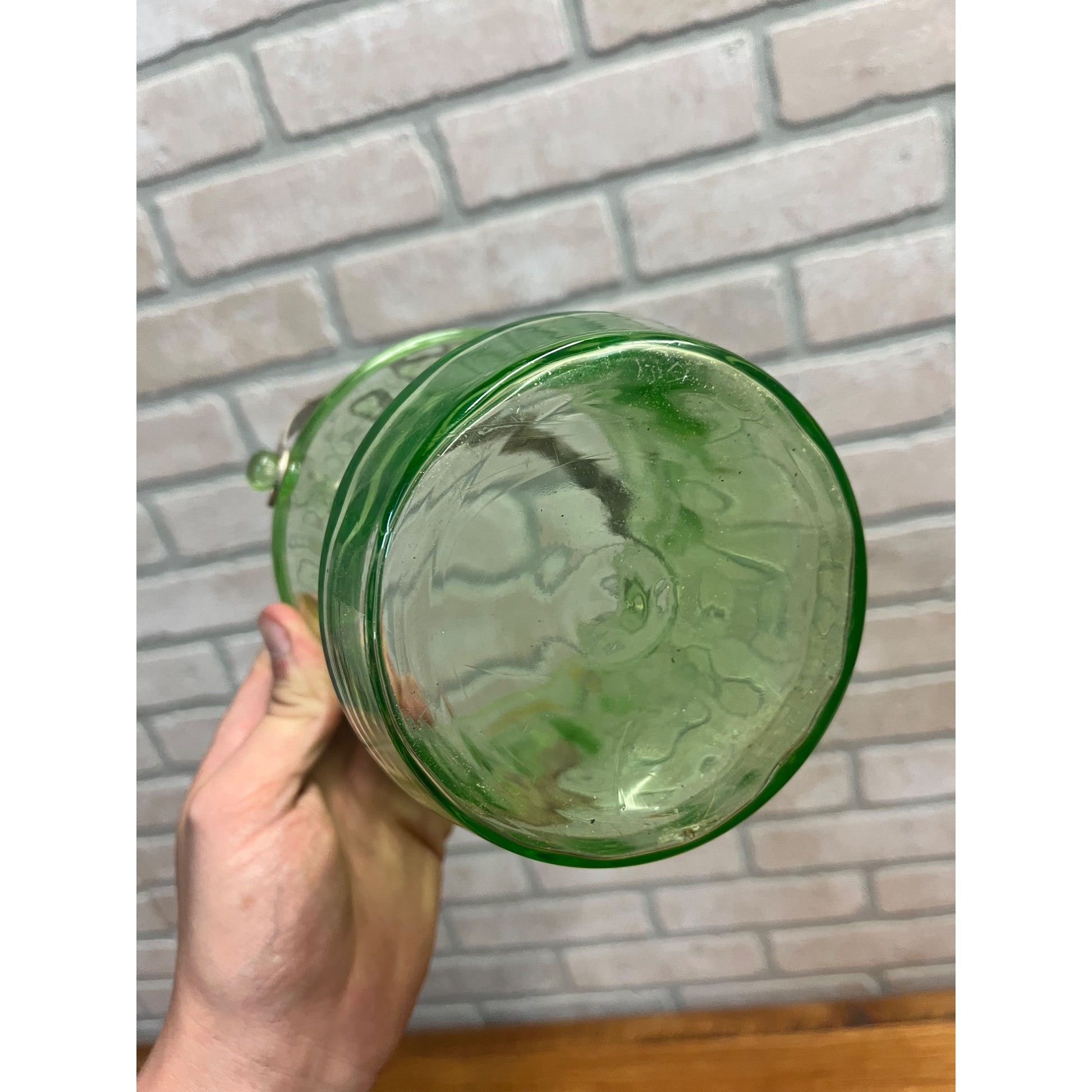 Vintage Uranium Green Glass Ice Bucket w/ Etched SIlver Handle - AS-IS