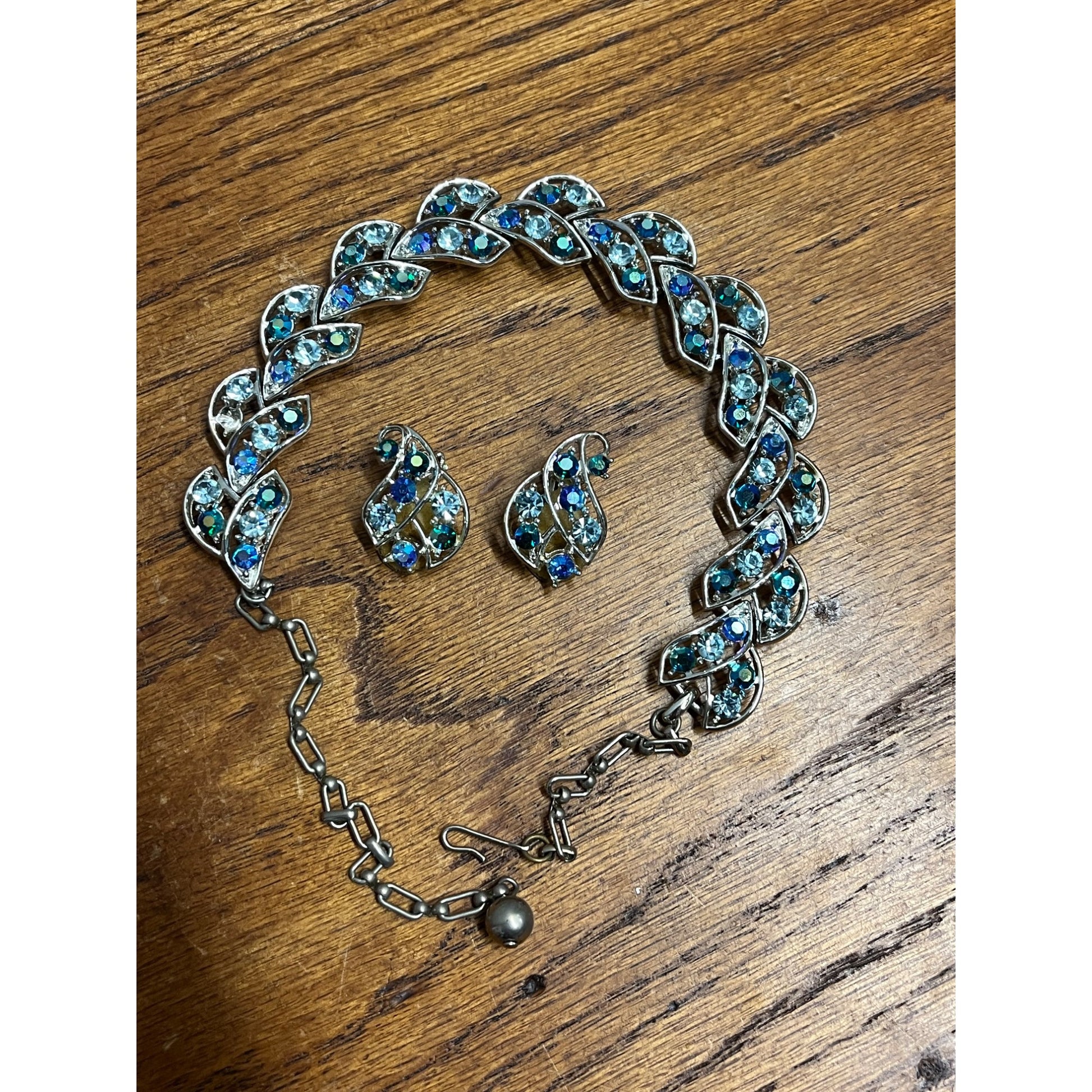 Vintage House of Schrager Silvertone Blue Aurora Borealis Bracelet & Earrings Set