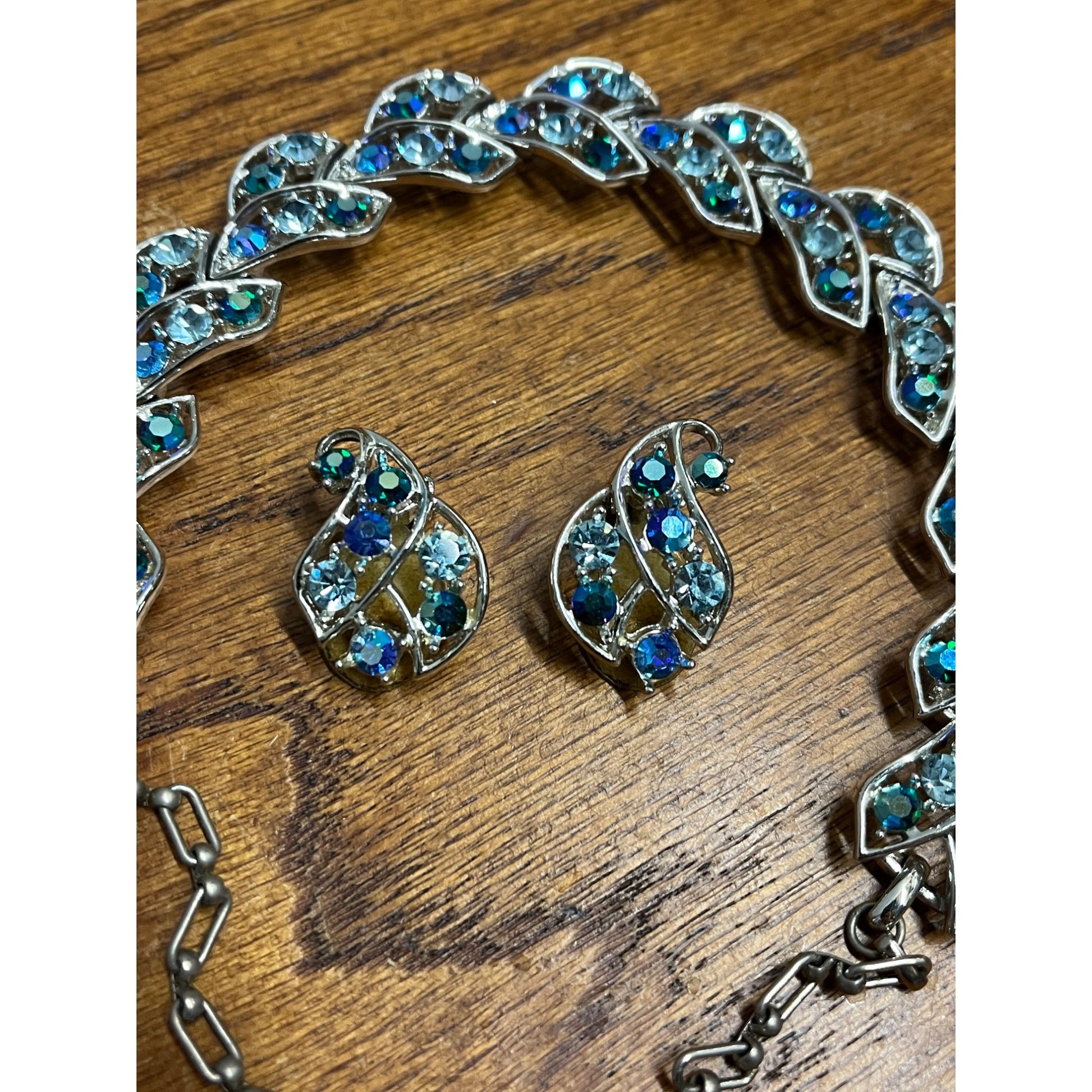 Vintage House of Schrager Silvertone Blue Aurora Borealis Bracelet & Earrings Set
