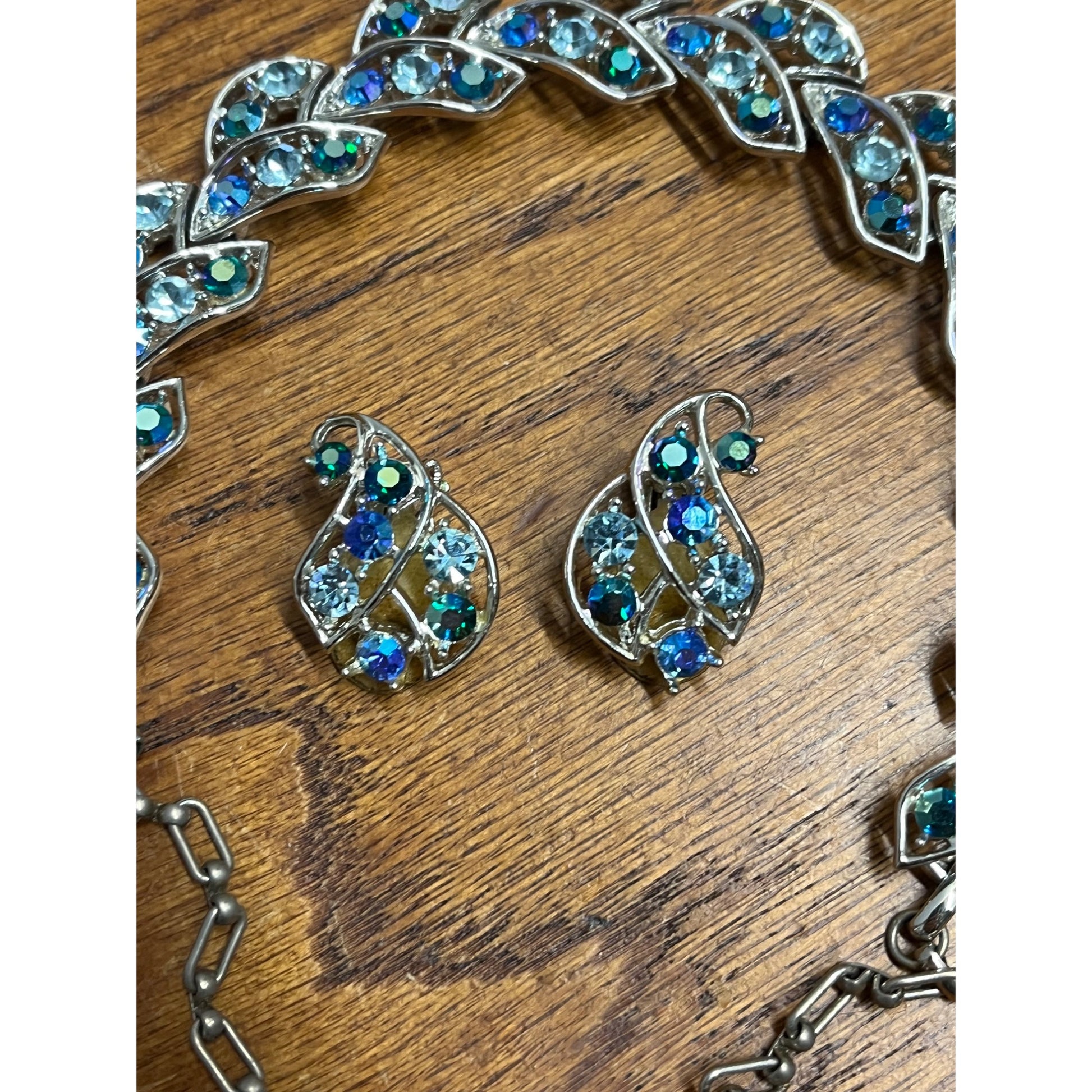 Vintage House of Schrager Silvertone Blue Aurora Borealis Bracelet & Earrings Set