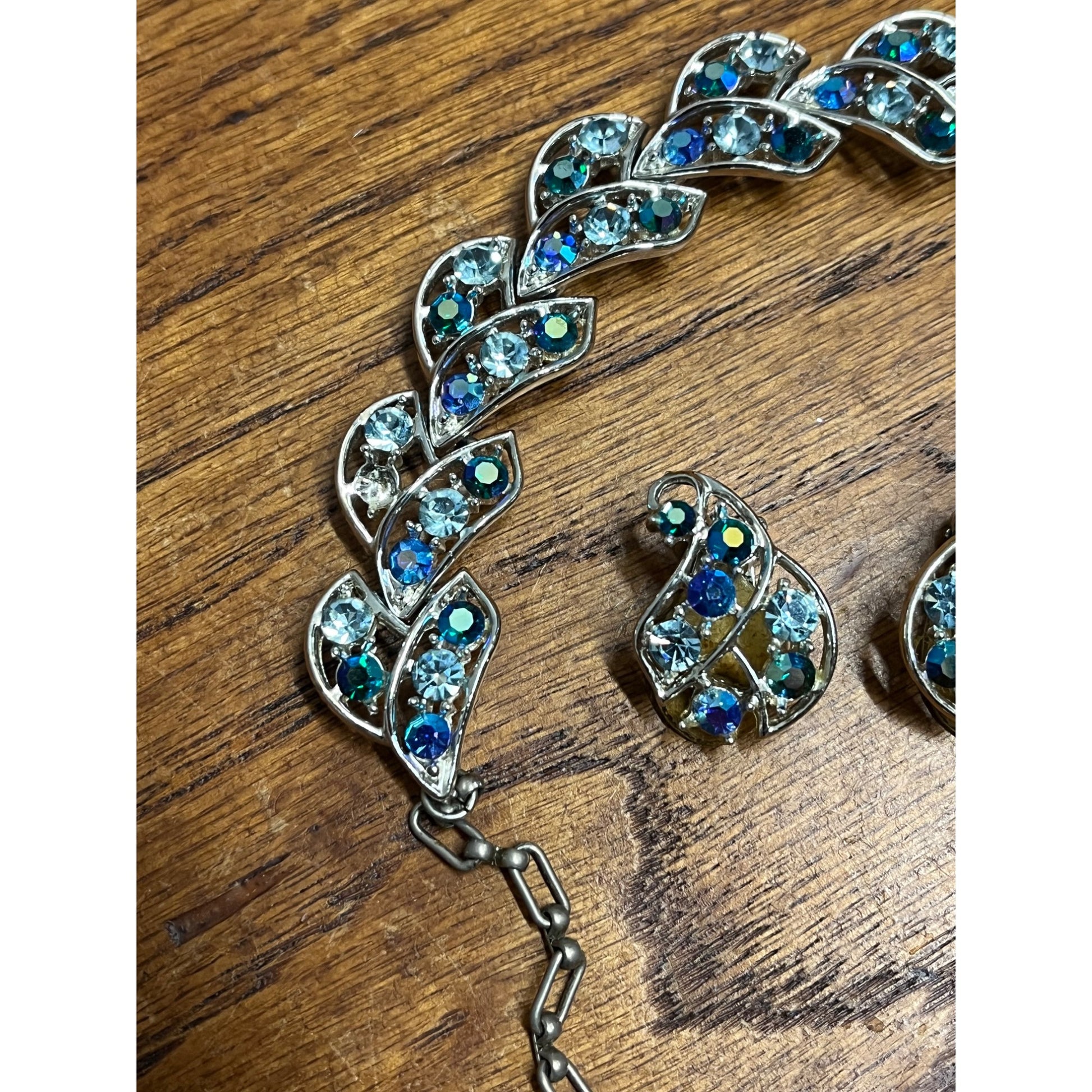 Vintage House of Schrager Silvertone Blue Aurora Borealis Bracelet & Earrings Set