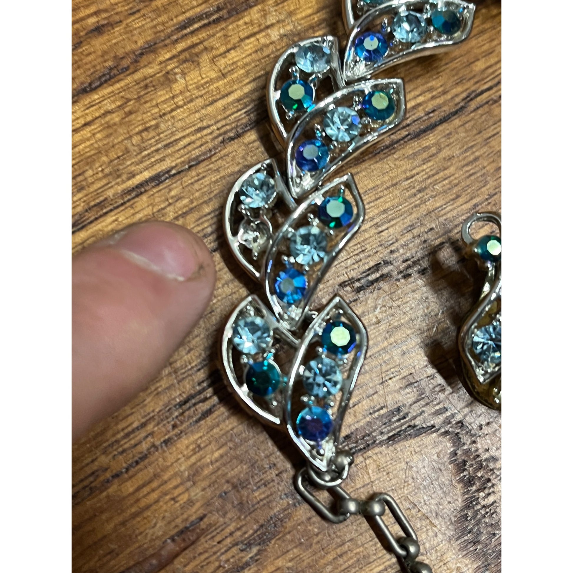 Vintage House of Schrager Silvertone Blue Aurora Borealis Bracelet & Earrings Set