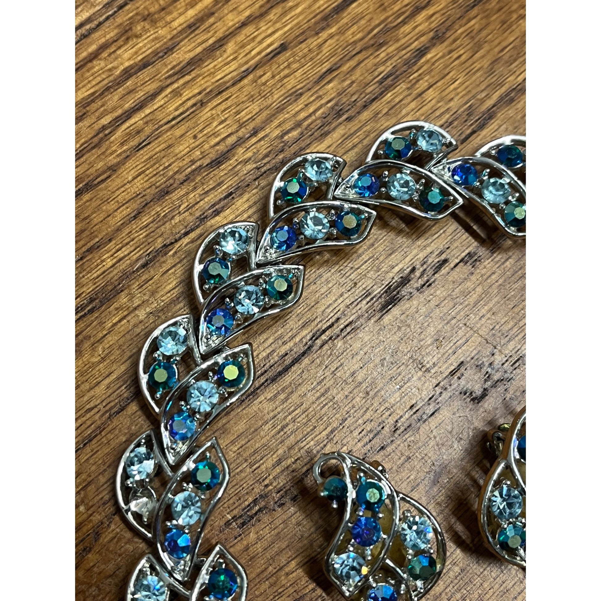 Vintage House of Schrager Silvertone Blue Aurora Borealis Bracelet & Earrings Set