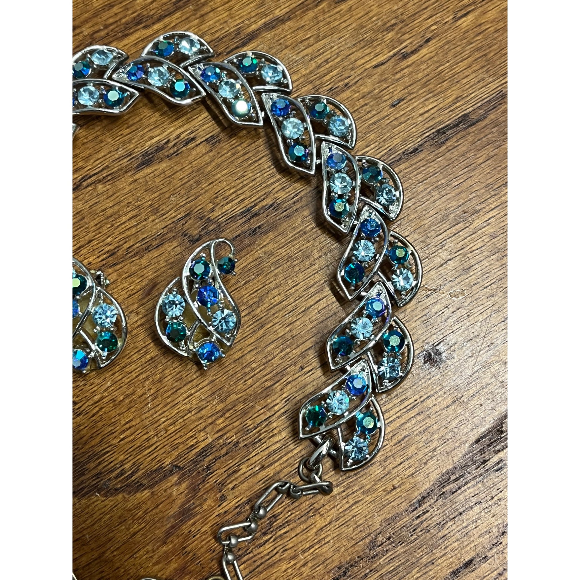 Vintage House of Schrager Silvertone Blue Aurora Borealis Bracelet & Earrings Set