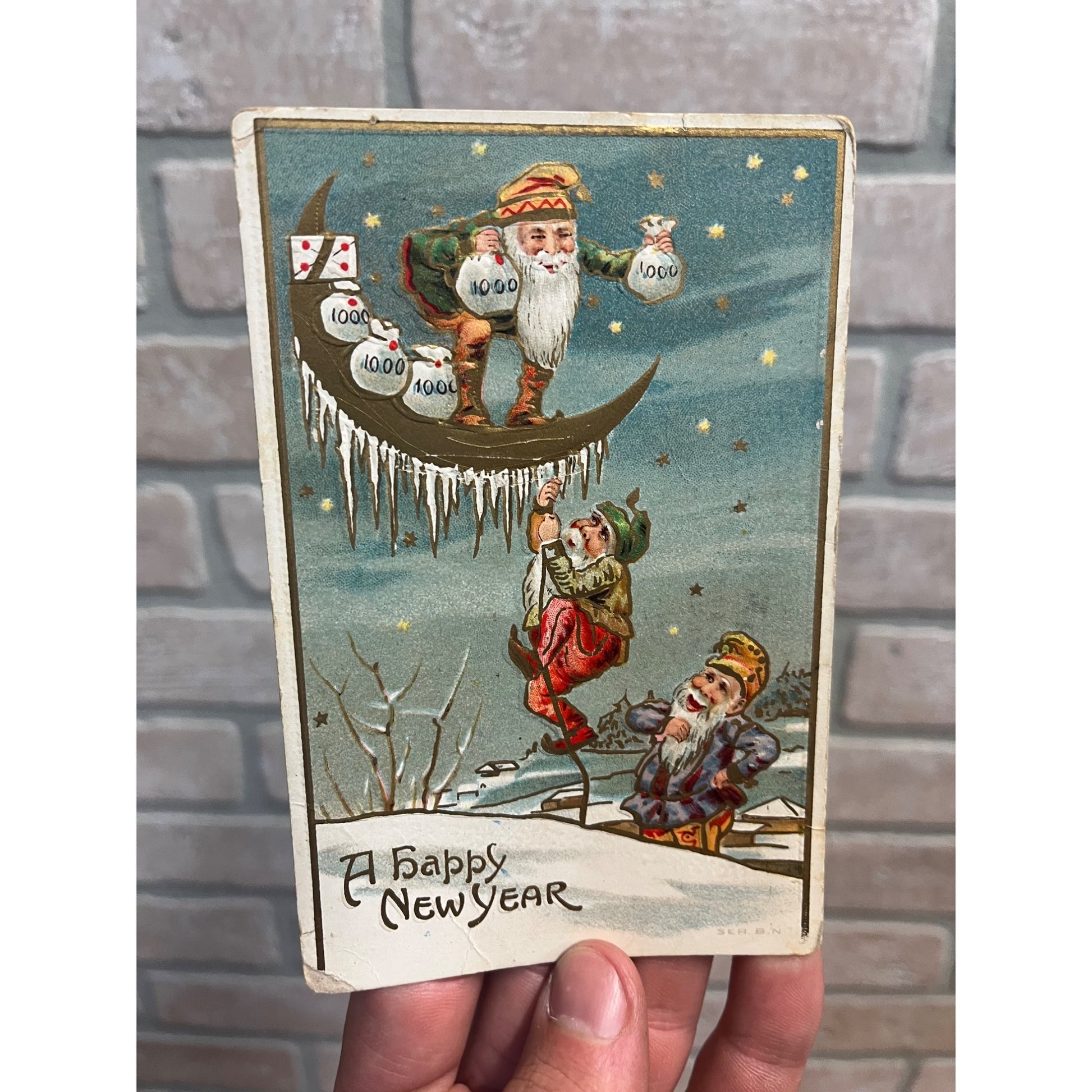 Antique Embossed Postcard Adorable Happy New Years Gnome Elves Climbing Moon