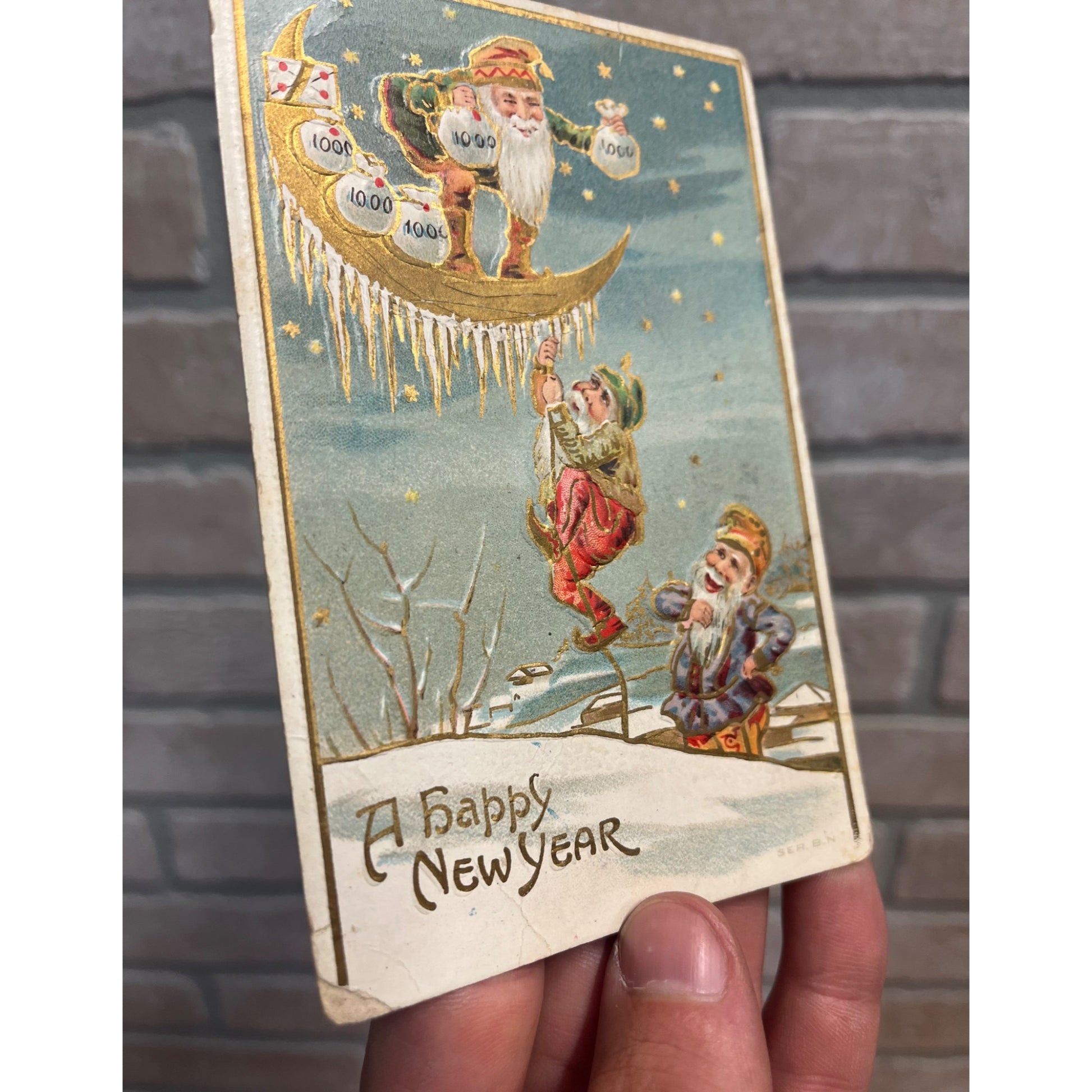 Antique Embossed Postcard Adorable Happy New Years Gnome Elves Climbing Moon
