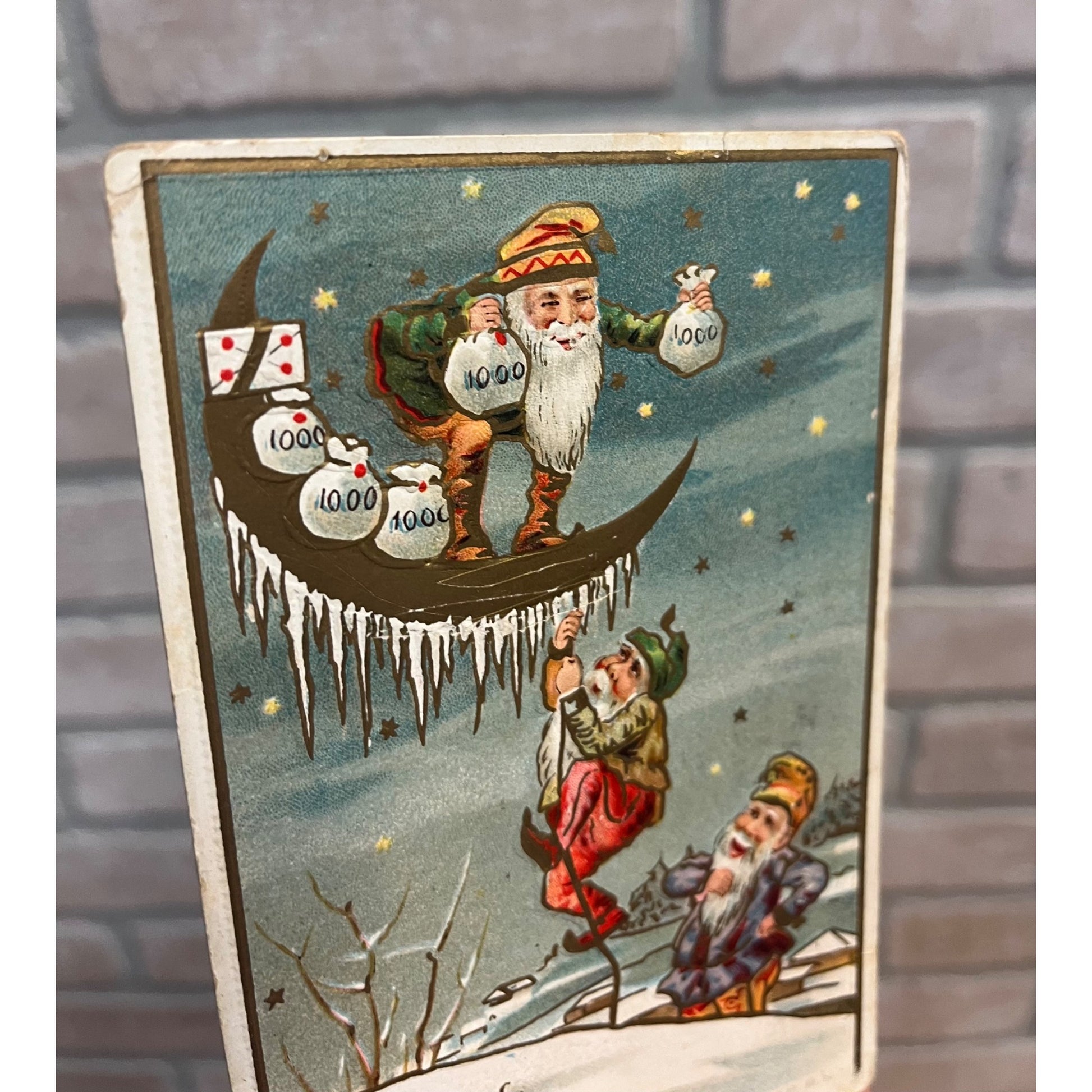 Antique Embossed Postcard Adorable Happy New Years Gnome Elves Climbing Moon