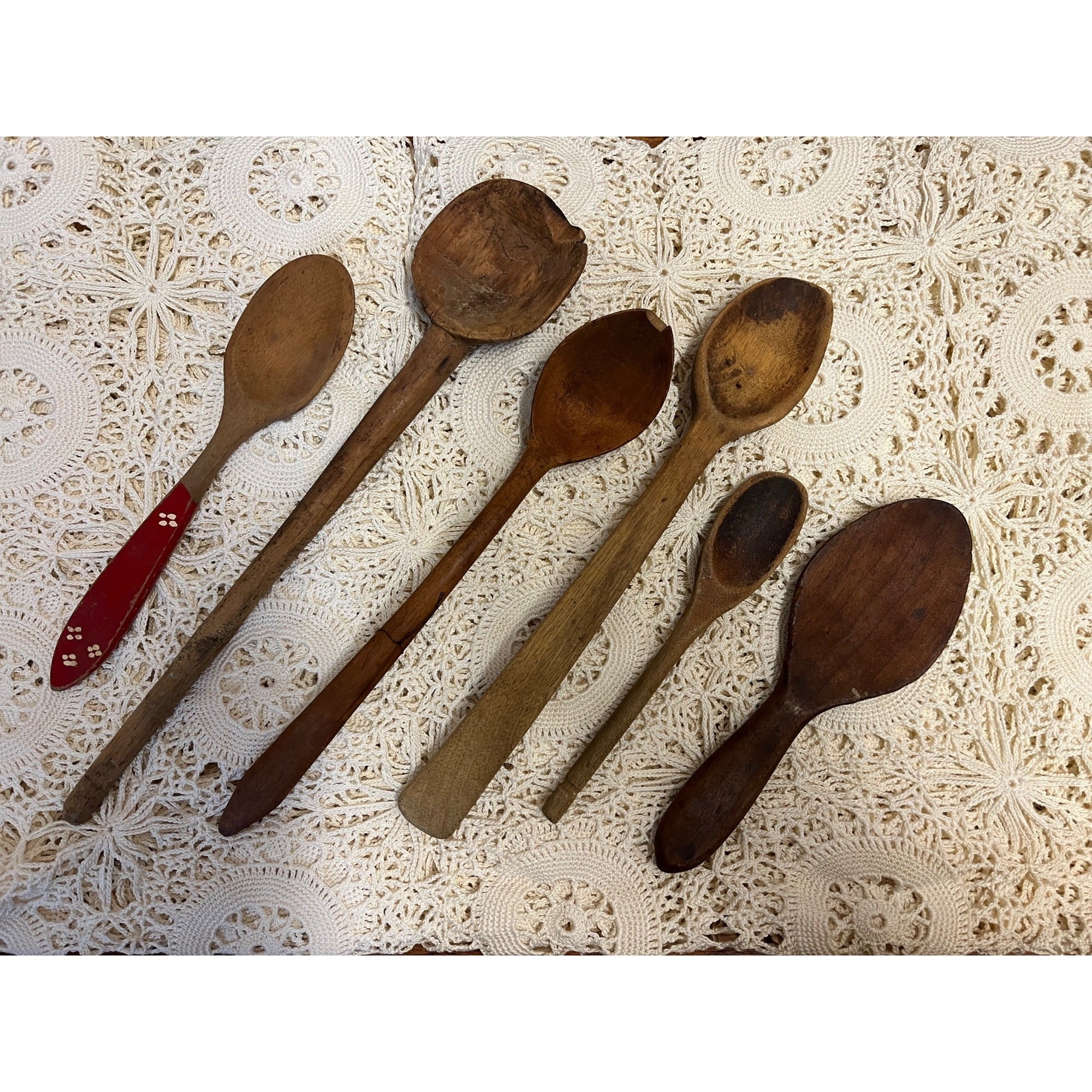 Antique Primitive Lot (6) Wooden Carved Spoons Farmhouse Kitchen Decor Country