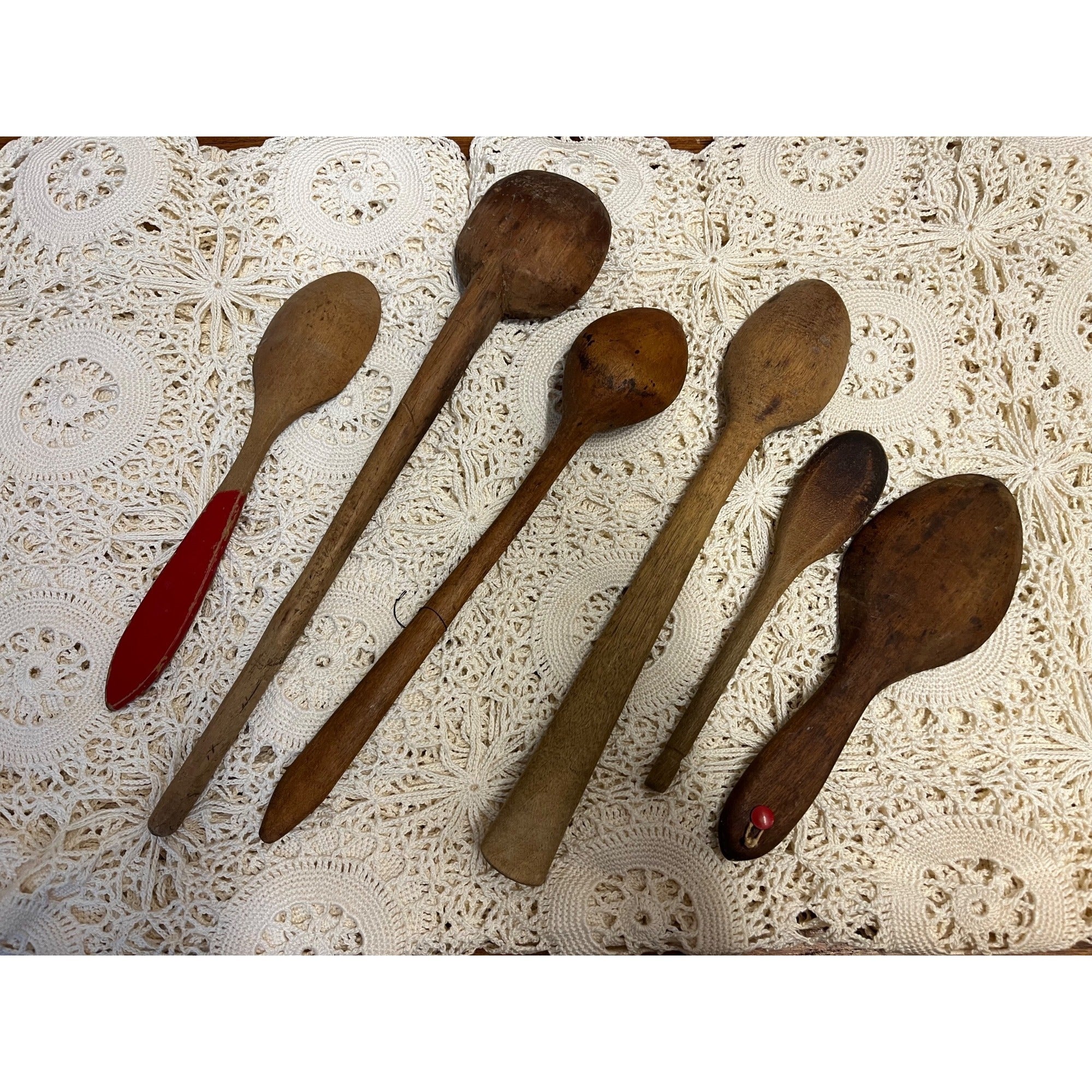 Antique Primitive Lot (6) Wooden Carved Spoons Farmhouse Kitchen Decor Country