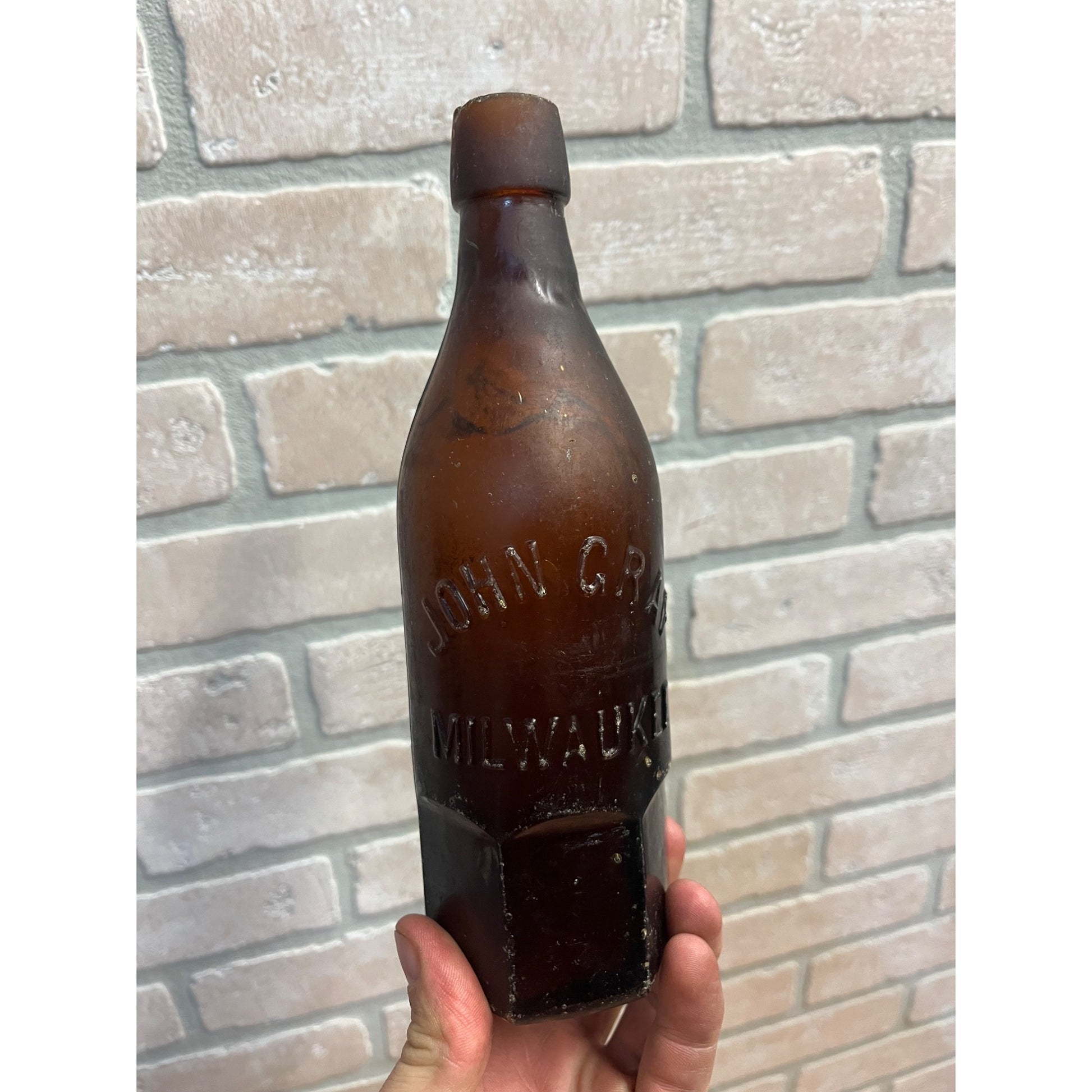 John Graf c1880s Milwaukee Wis Amber Brown Soda Bottle Blob Top Octagon Base