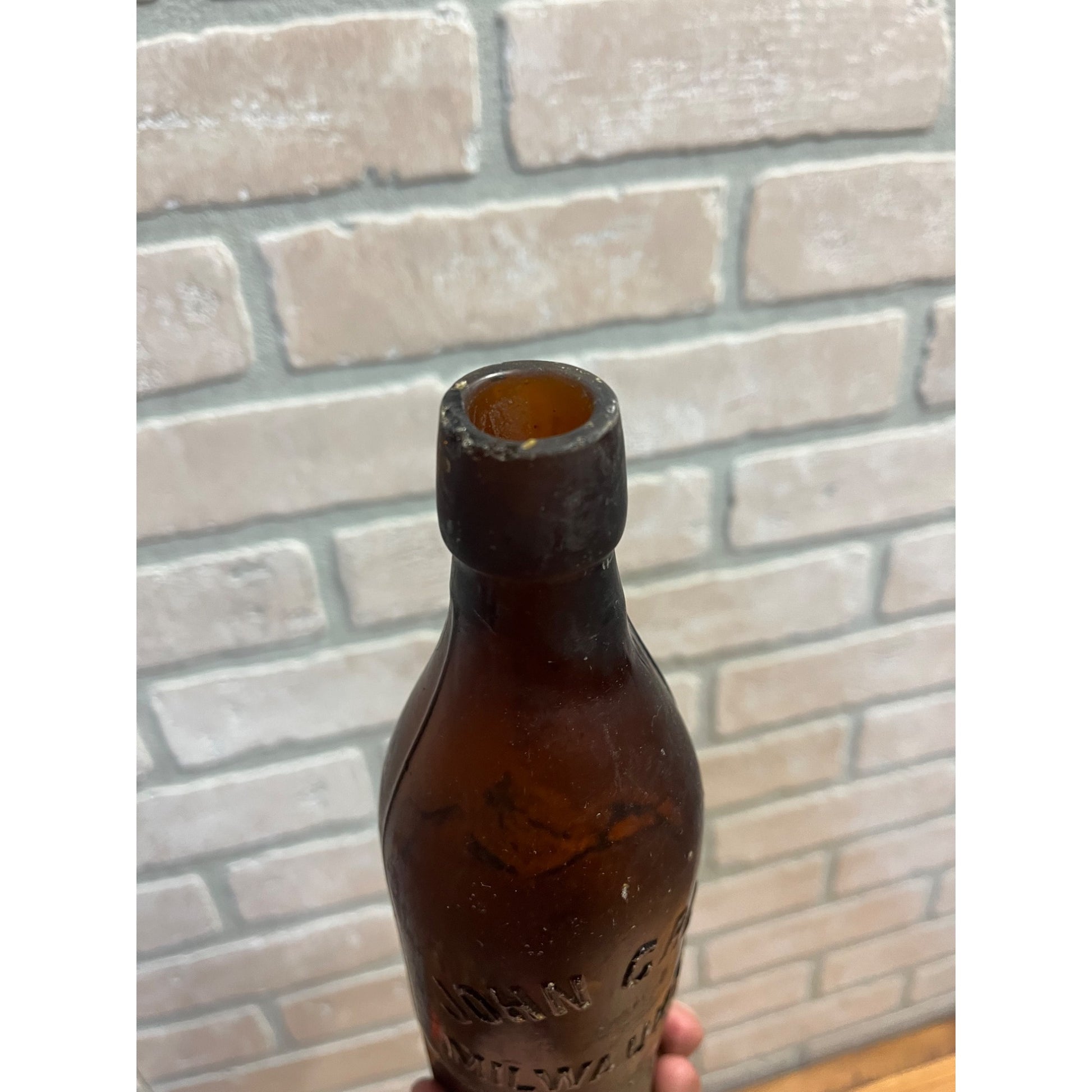 John Graf c1880s Milwaukee Wis Amber Brown Soda Bottle Blob Top Octagon Base