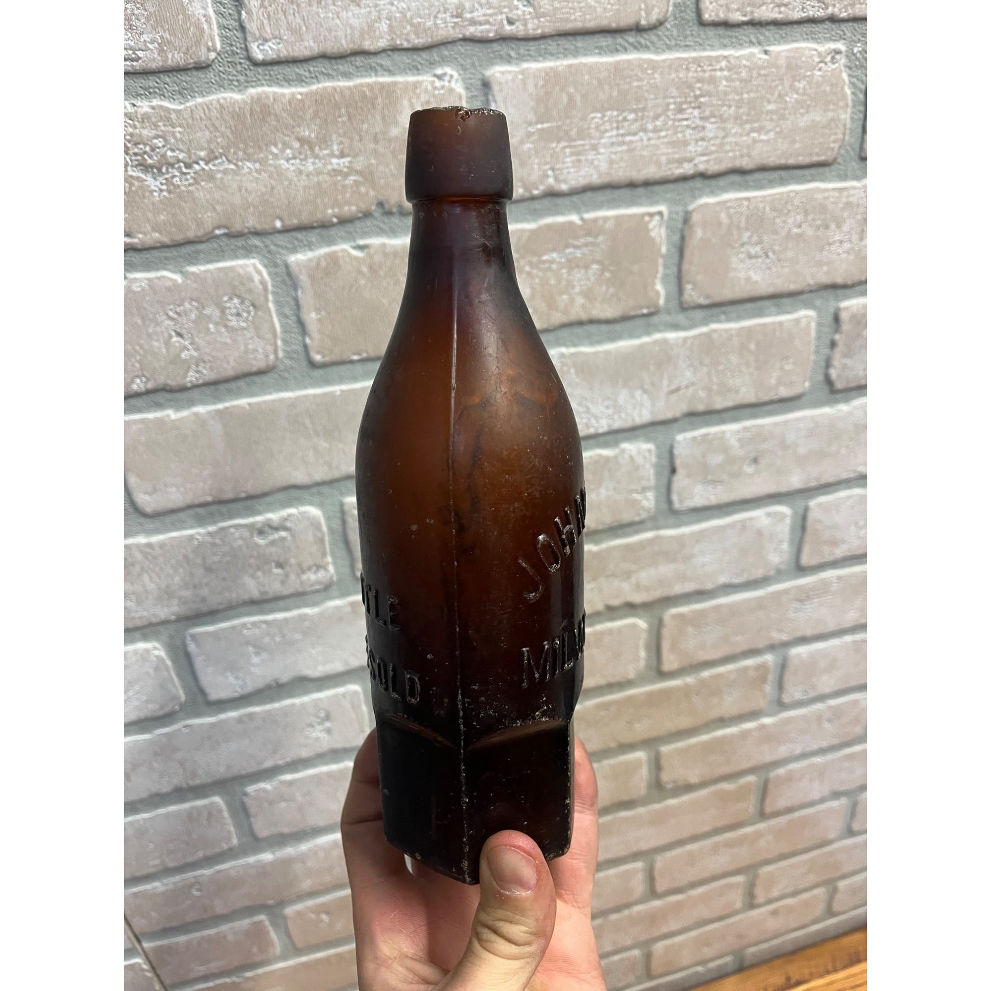 John Graf c1880s Milwaukee Wis Amber Brown Soda Bottle Blob Top Octagon Base