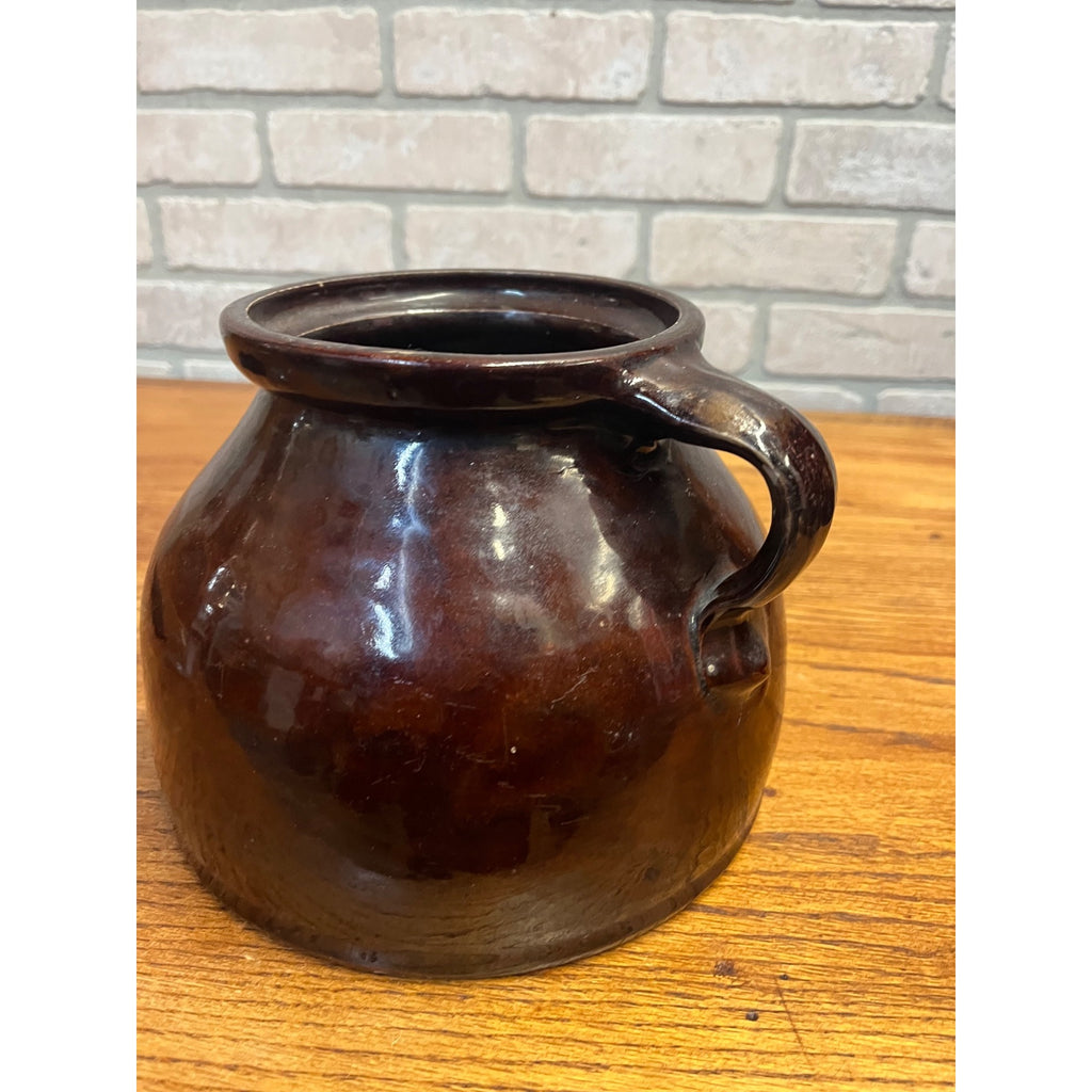 Antique Primitive Stoneware Ovoid Unique Bean Pot or Preserve Crock Albany Slip Farmhouse Country Decor