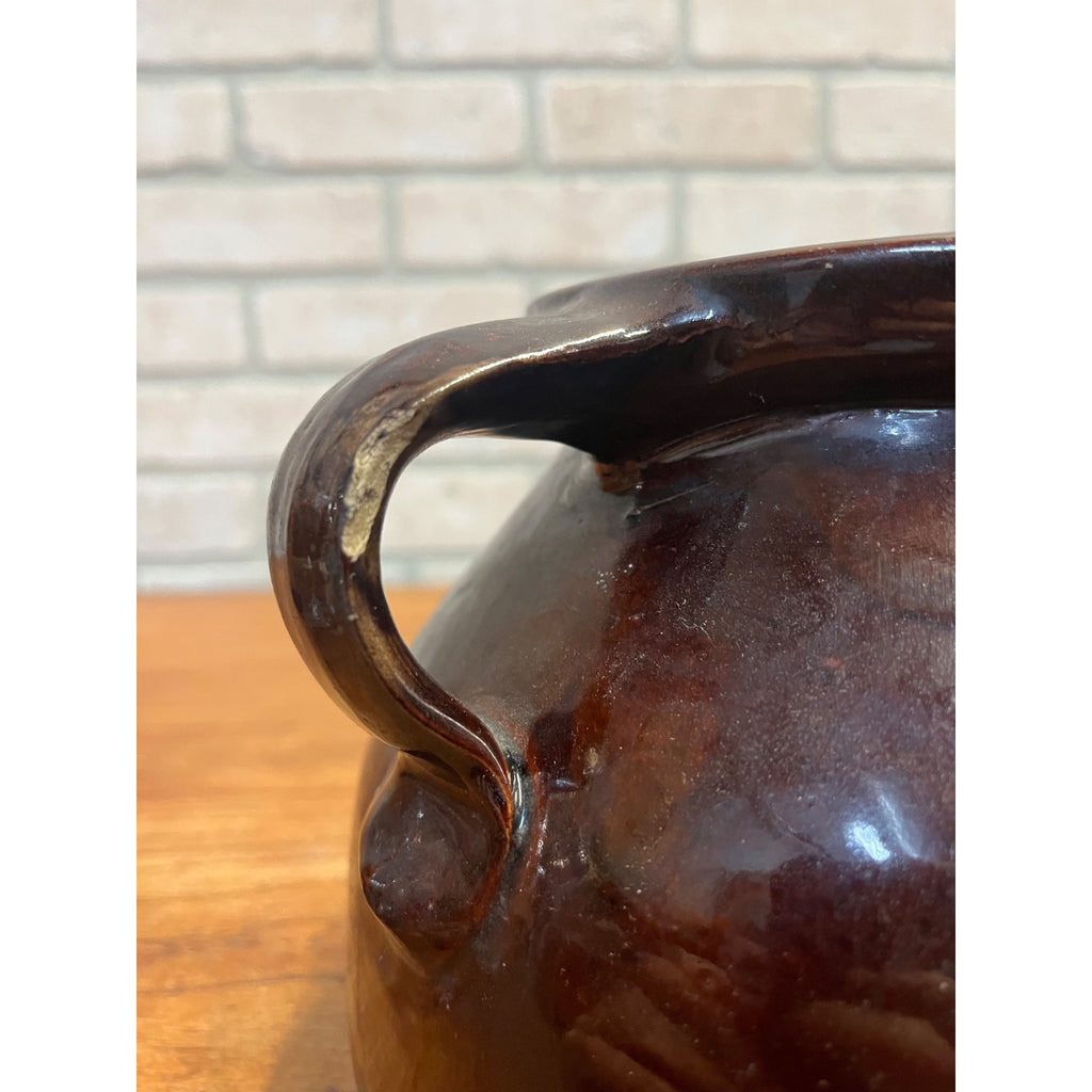 Antique Primitive Stoneware Ovoid Unique Bean Pot or Preserve Crock Albany Slip Farmhouse Country Decor