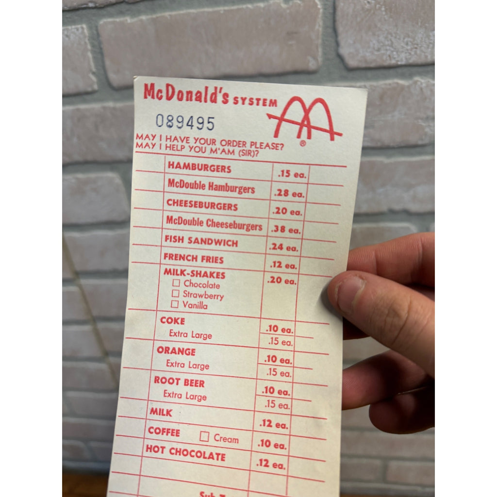 RARE Vintage 1960s McDonalds System Food Order Paper Receipt Slash M Logo