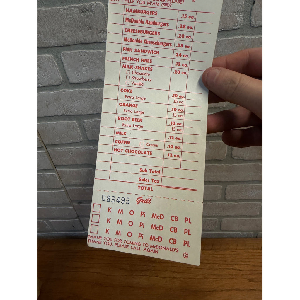 RARE Vintage 1960s McDonalds System Food Order Paper Receipt Slash M Logo