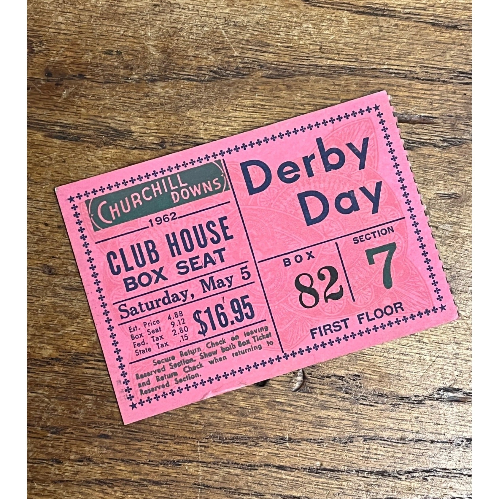 1962 Churchill Downs Kentucky Derby Day Clubhouse Box Seat Ticket Stub