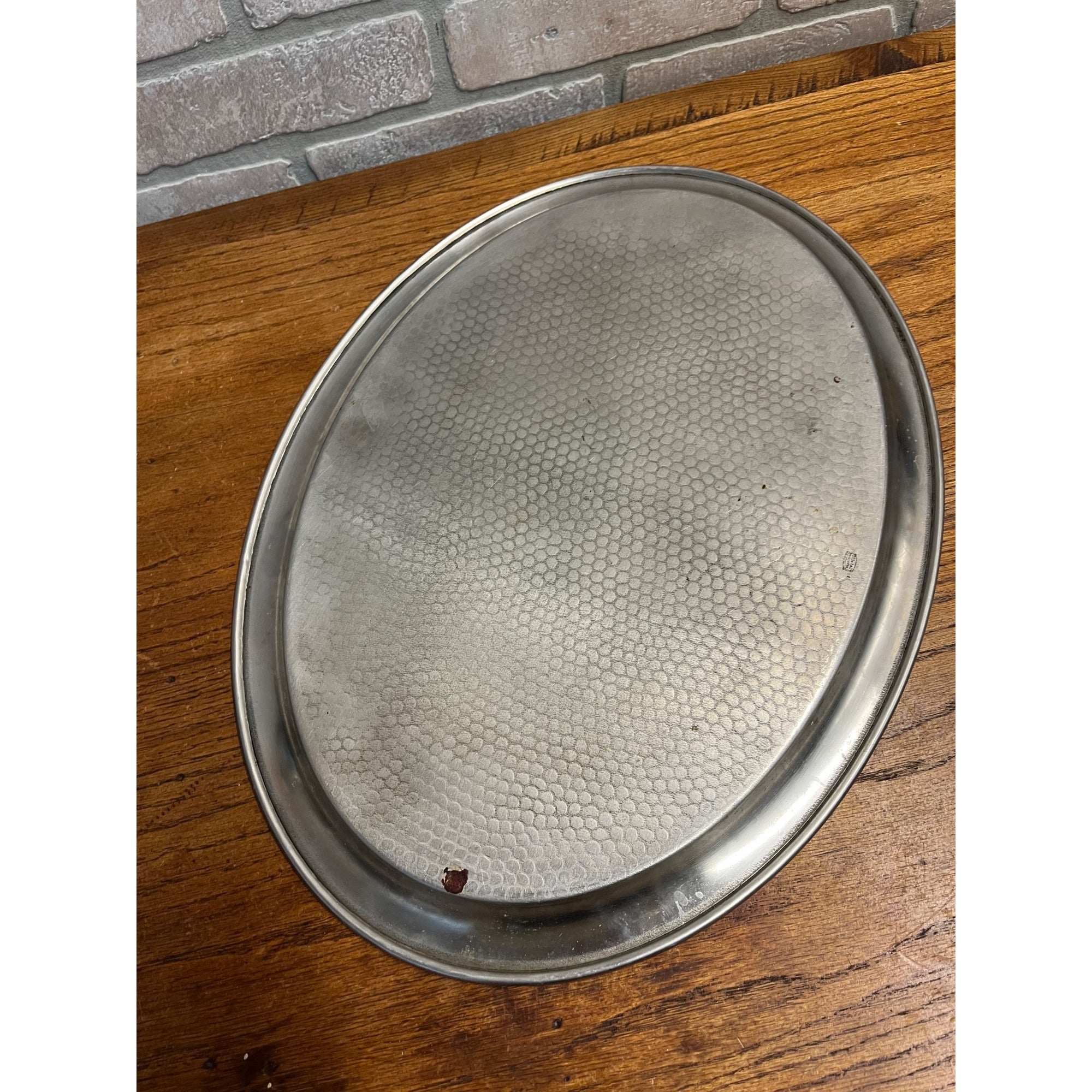 Vintage 1960s MCM Stainless Serving Oval Platter Hammered Tray Olde Hall 18x13.5