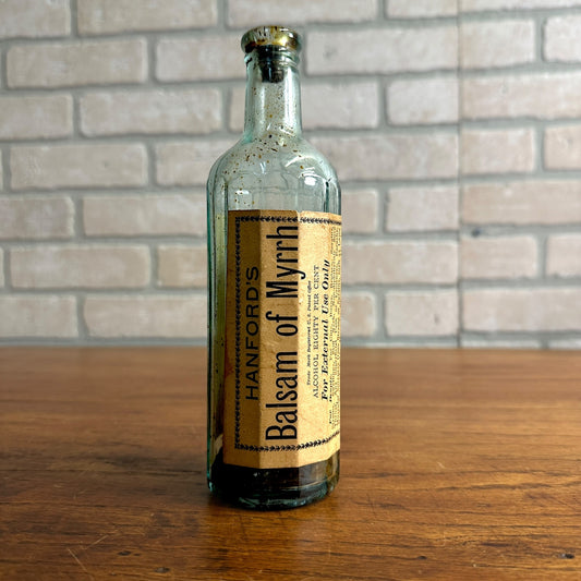 Antique HANFORD'S BALSAM OF MYRRH Pharmacy MEDICAL BOTTLE W/ LABEL Medicine