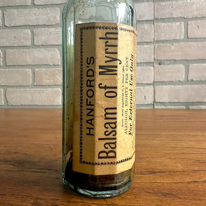 Antique HANFORD'S BALSAM OF MYRRH Pharmacy MEDICAL BOTTLE W/ LABEL Medicine